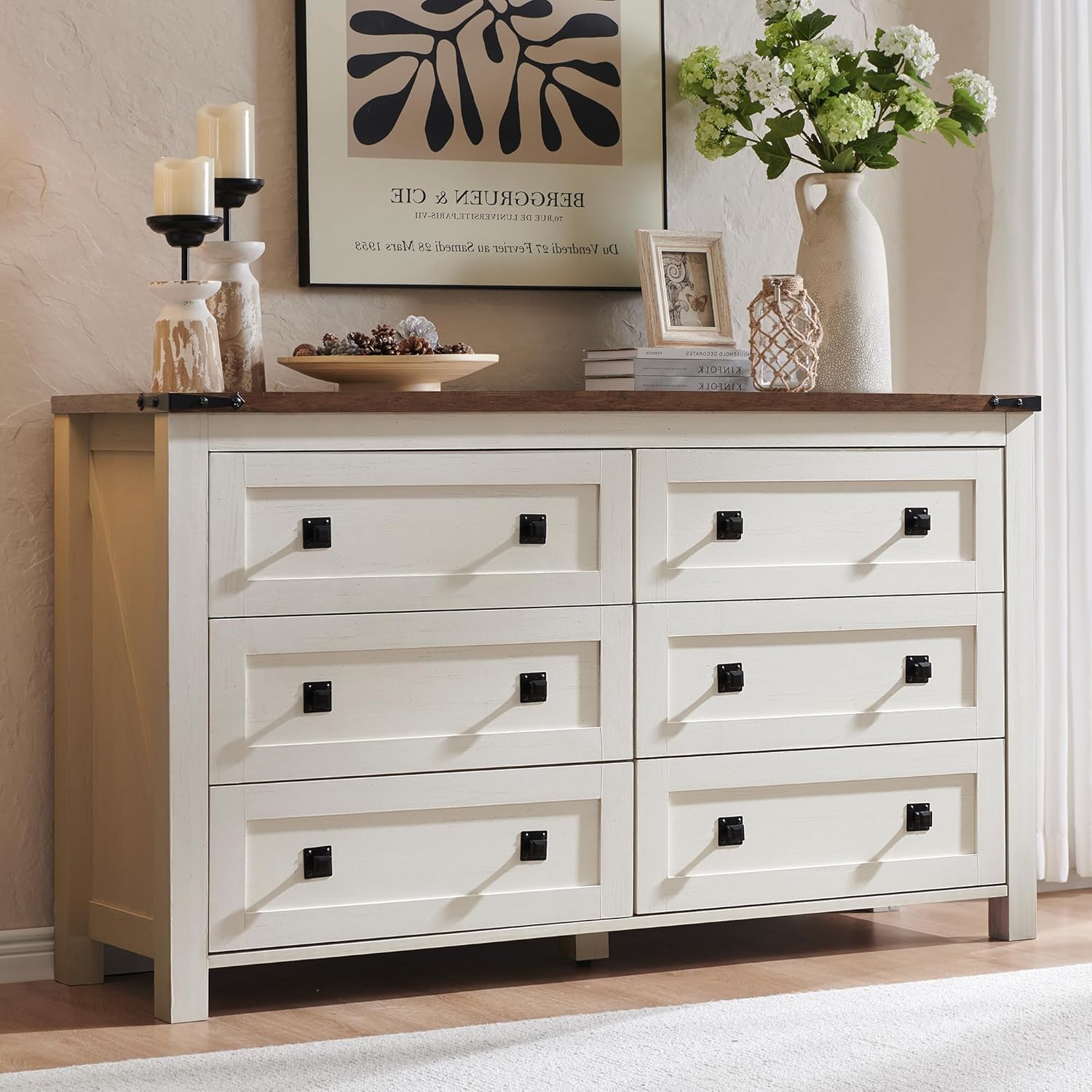 T4TREAM Farmhouse 6 Drawers Dresser for Bedroom, Wood Rustic Wide Chest of Drawers, Storage Dressers Organizer for Bedroom, Living Room, Hallway, Antique White