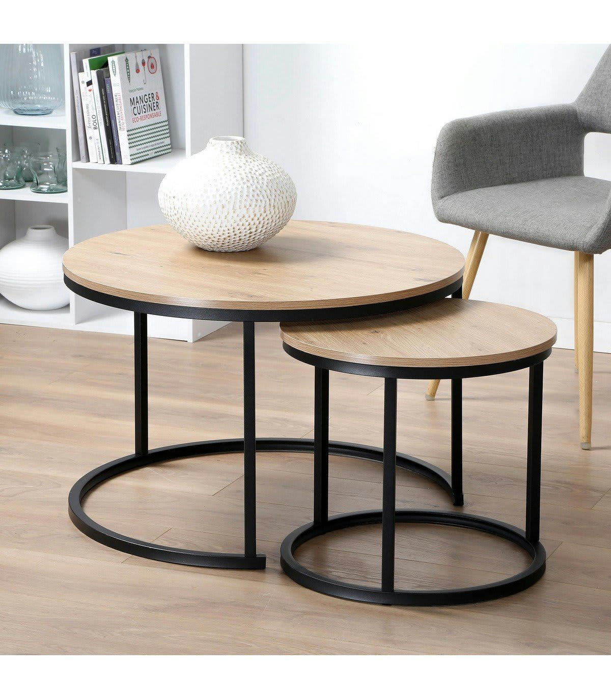 LENNY - Lot de 2 tables basses gigognes rondes effet bois - L70 x H45,5 cm