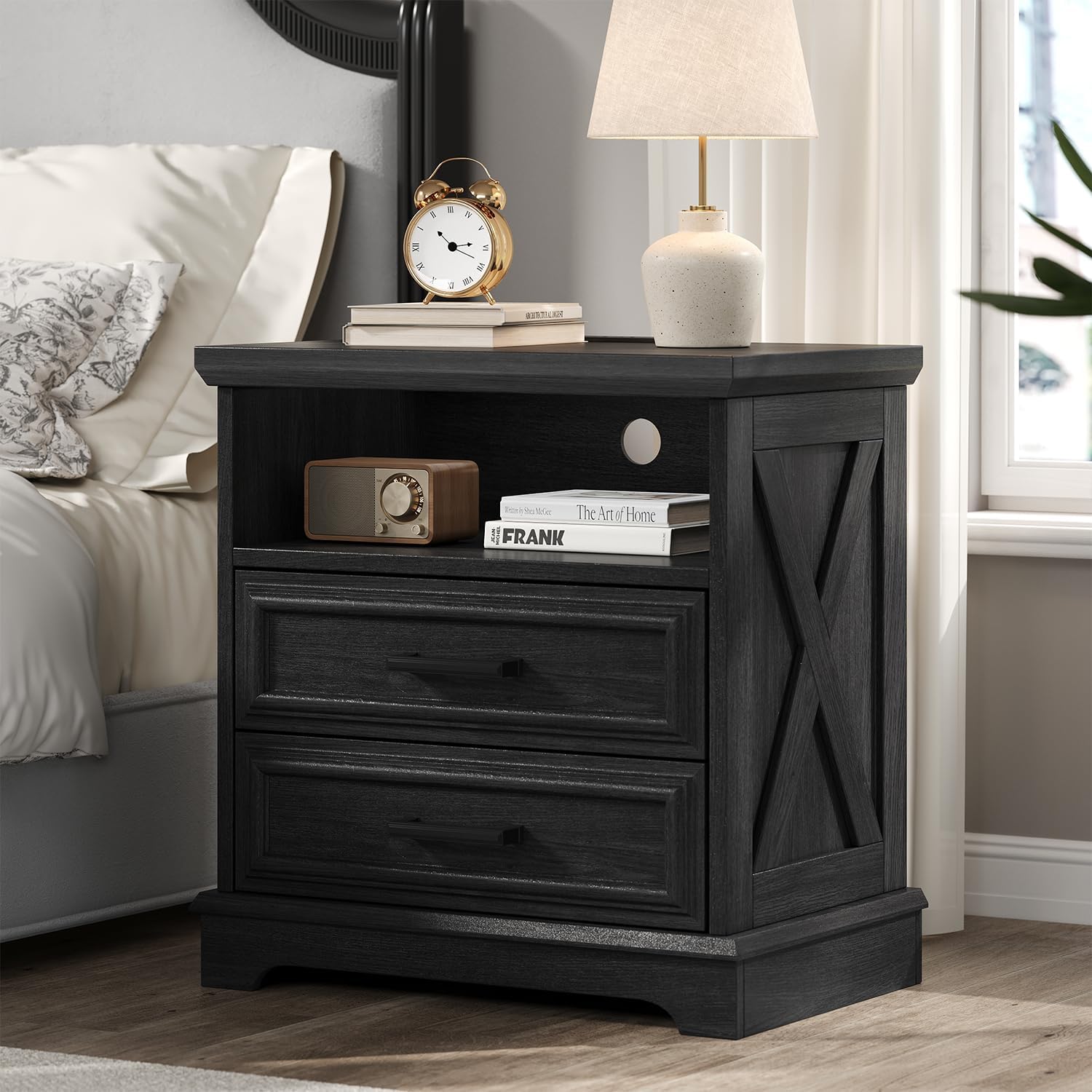 24 Inch Wide Farmhouse Nightstands Set of 2 with Charging Station, Dark Gray Nightstand with 2 Large Drawers, Rustic Wood End Table for Bedroom