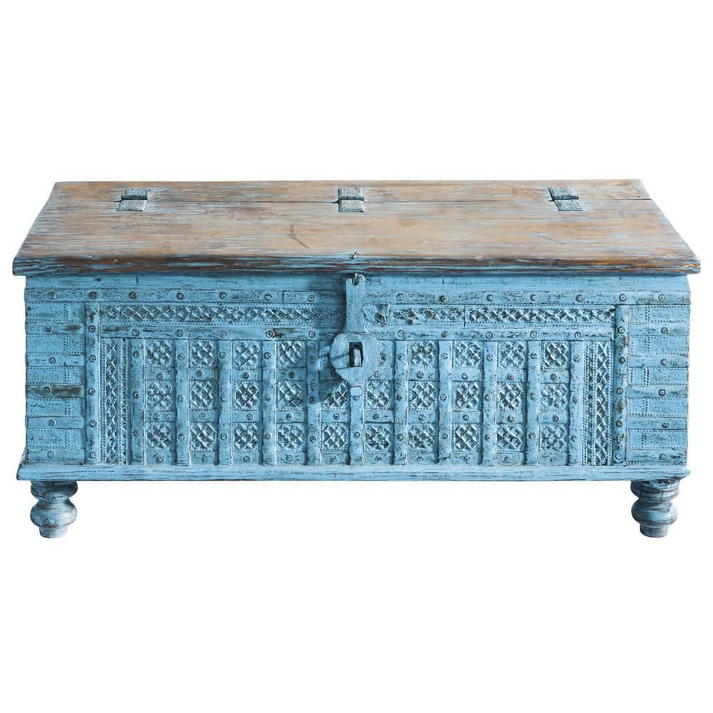 - Coffre indien en bois d'acacia massif bleu L 125 cm