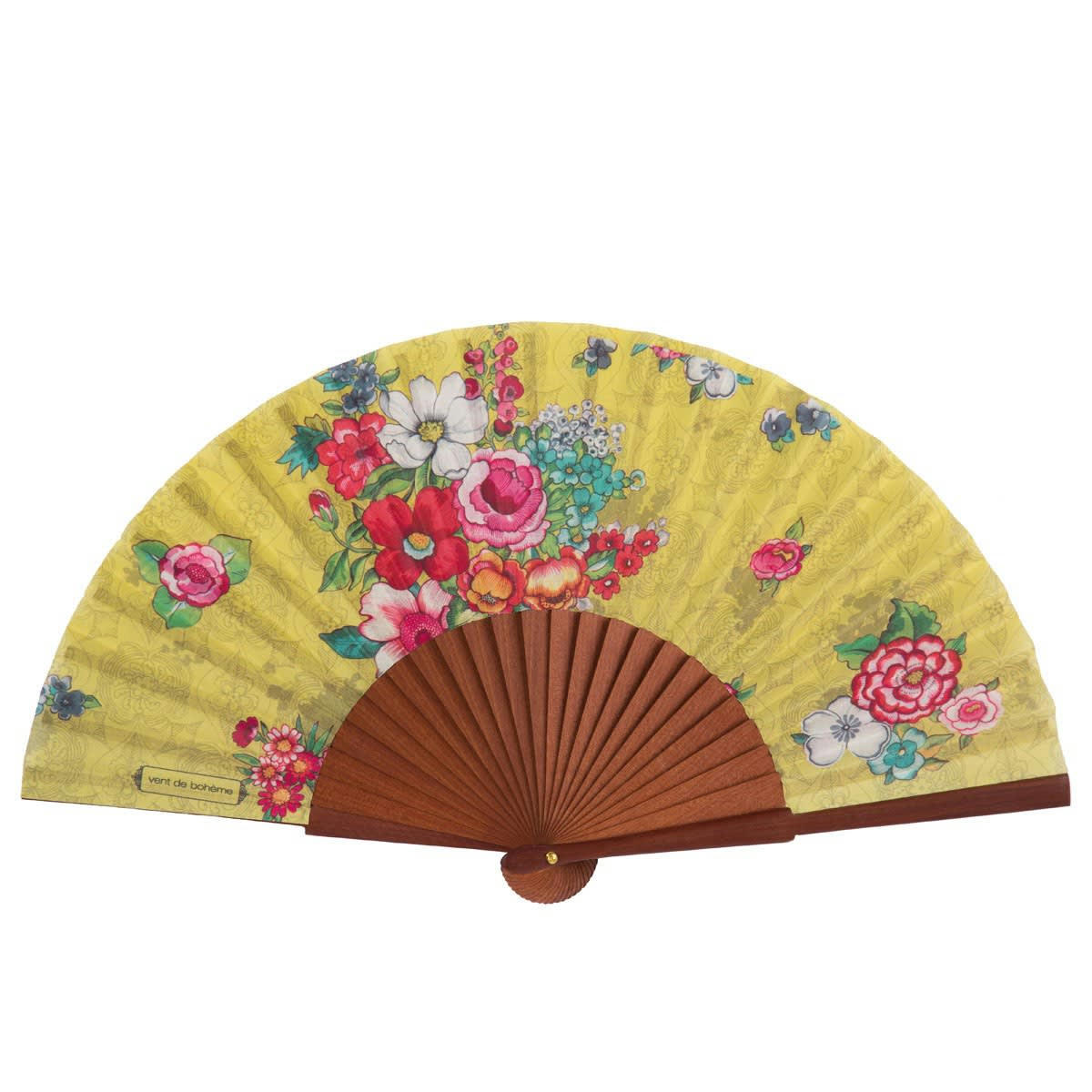 HANAMI - Éventail en bois de merisier et coton imprimé fleuri Jaune