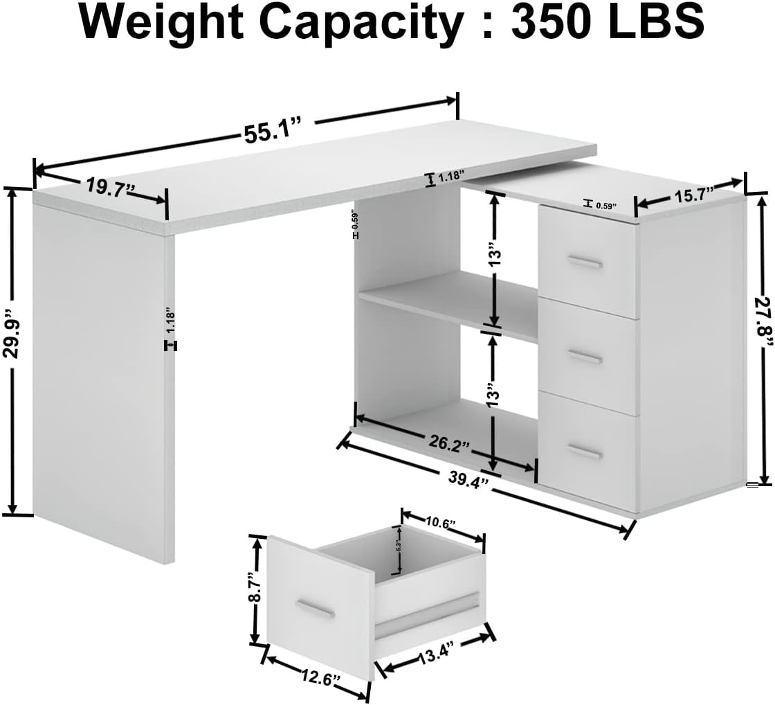 HSH White L Shaped Desk with Drawers Shelves, 360 Rotating Office Computer Desk with Storage Cabinet, Corner Home Office Desk Computer Table，55 Inch