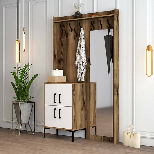 Meuble d'entrée Dperron, Crochet d'entrée, Console de rangement multifonction, 120x35h200 cm, Noyer et Blanc