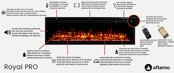Cheminée électrique AFLAMO Royal PRO 160 - murale ou encastrable - 160x38x16 cm - cheminée LED avec chauffage 750/1500 W