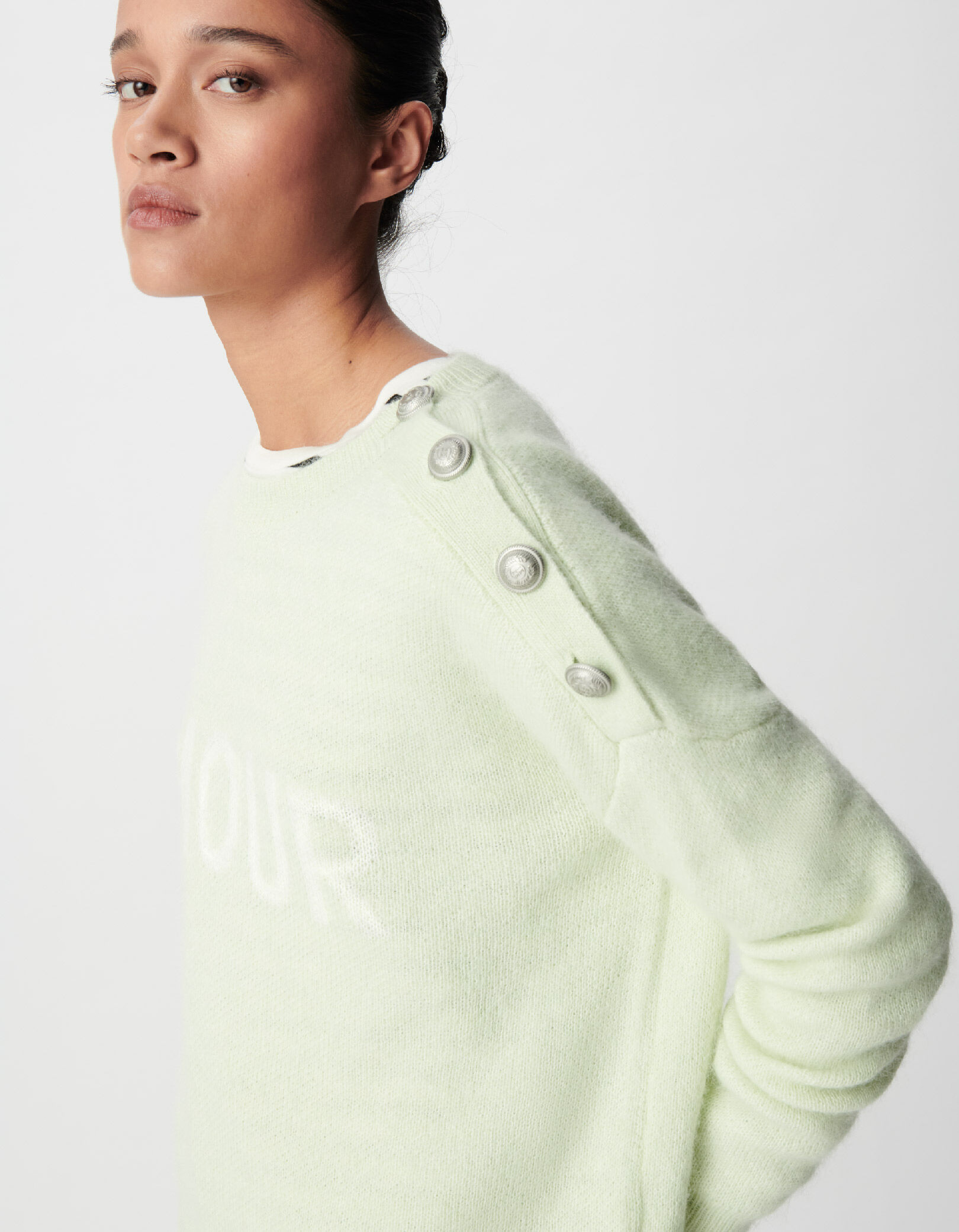 Pull alpaga mélangé vert à message Femme