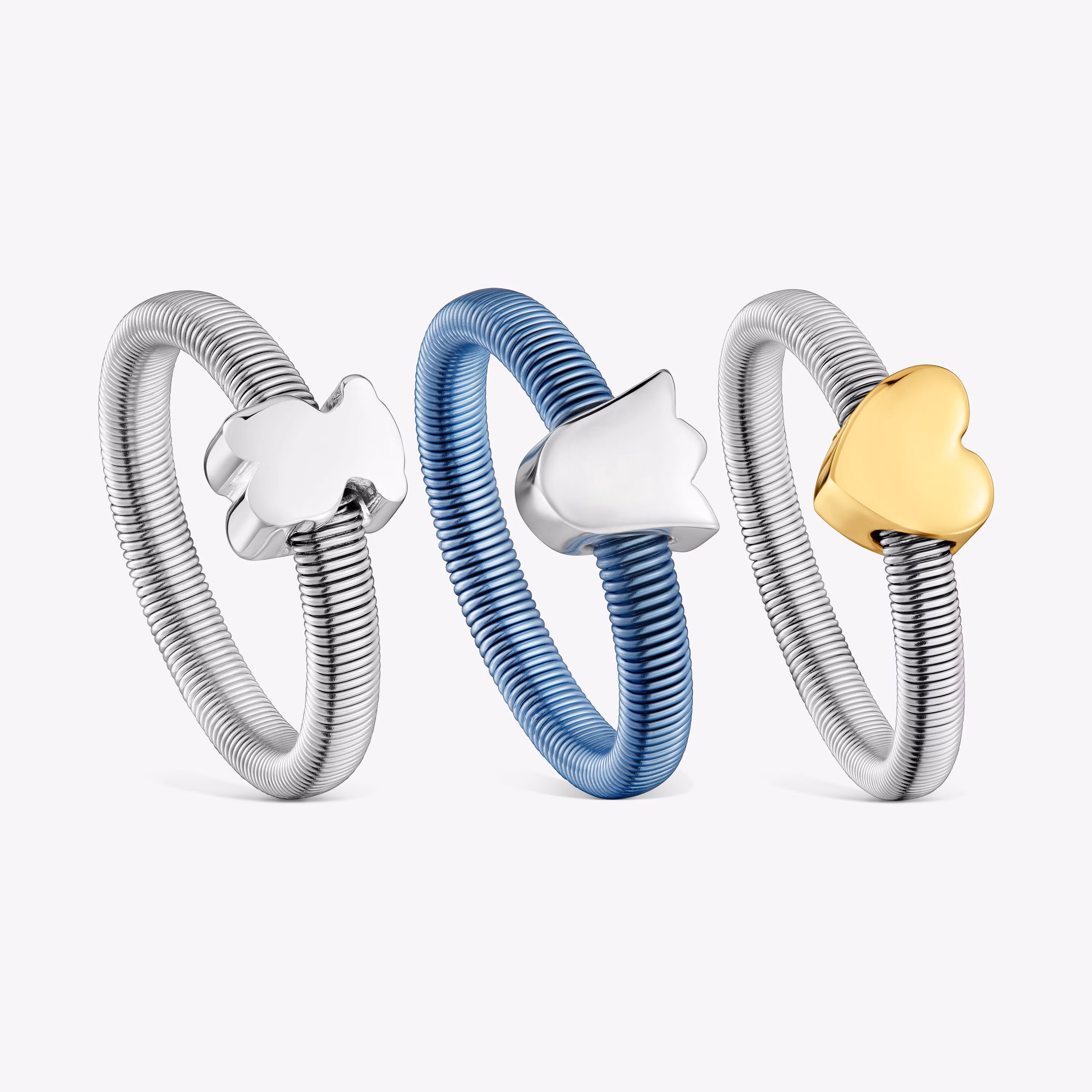 Pack de tres anillos de plata y plata bañada corazón, tulipa y oso TOUS Mesh Tube
