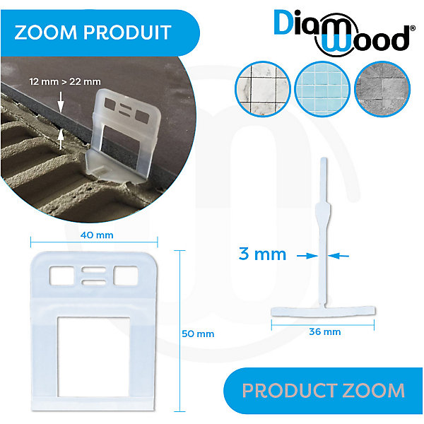 100 Croisillons 3 mm XL Autonivelants pour Carreaux de 12 à 22 mm - Diamwood