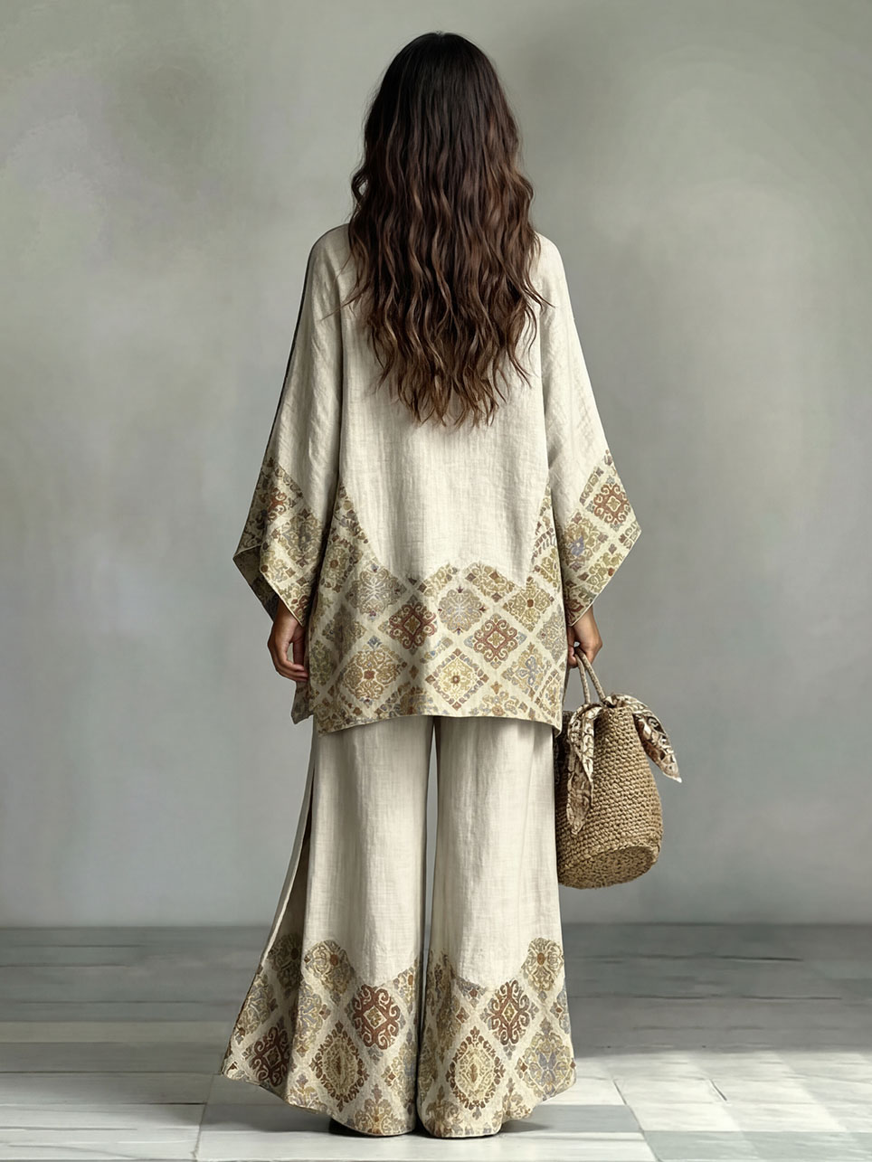 Retro Ethnic Print Loose Batwing Sleeve Irregular Hem Shirt Two-Piece Set