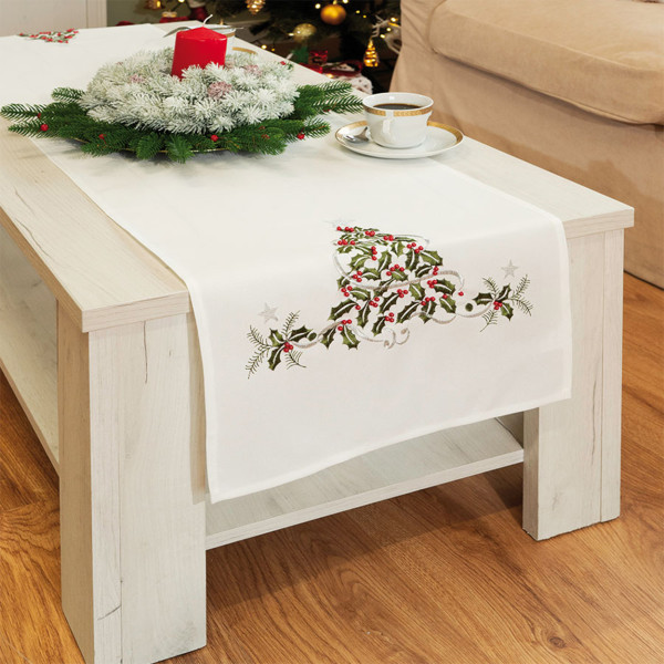 Bieżnik z haftem ZIELONY UROK poliester biały 40x140 cm świąteczny
