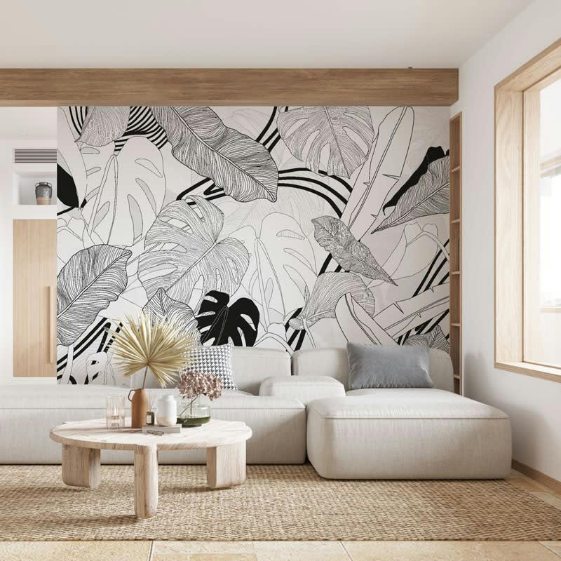 BORNEO B&W - Papier Peint Panoramique L336xH270cm Noir Feuillage