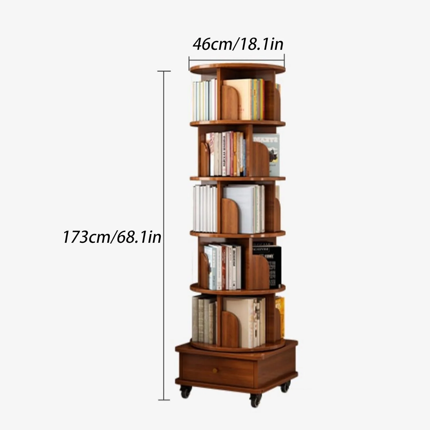 Rotating Bookshelf,360 Display Corner Bookshelf for Small Space,6 Tier Bookcase Storage Rack with Wheels,Wood Narrow Organizer