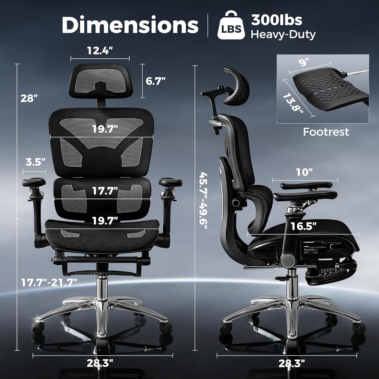 Ergonomic Office Chair with Footrest, Big and Tall Home Desk Chair, High Back Rolling Computer Chair with 5D Flip-Up Arms and Lumbar Support, Comfy Gaming Chair, Swivel Mesh Chairs, Black