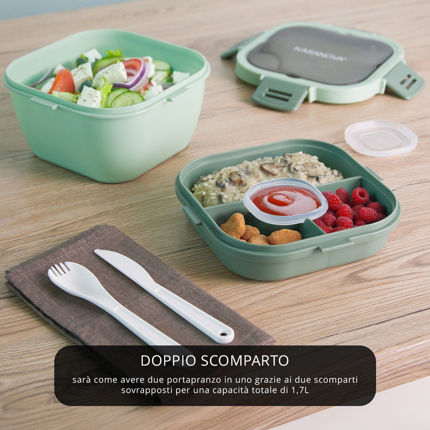 Porta pranzo quadrato 2 scomparti e posate Clicks verde