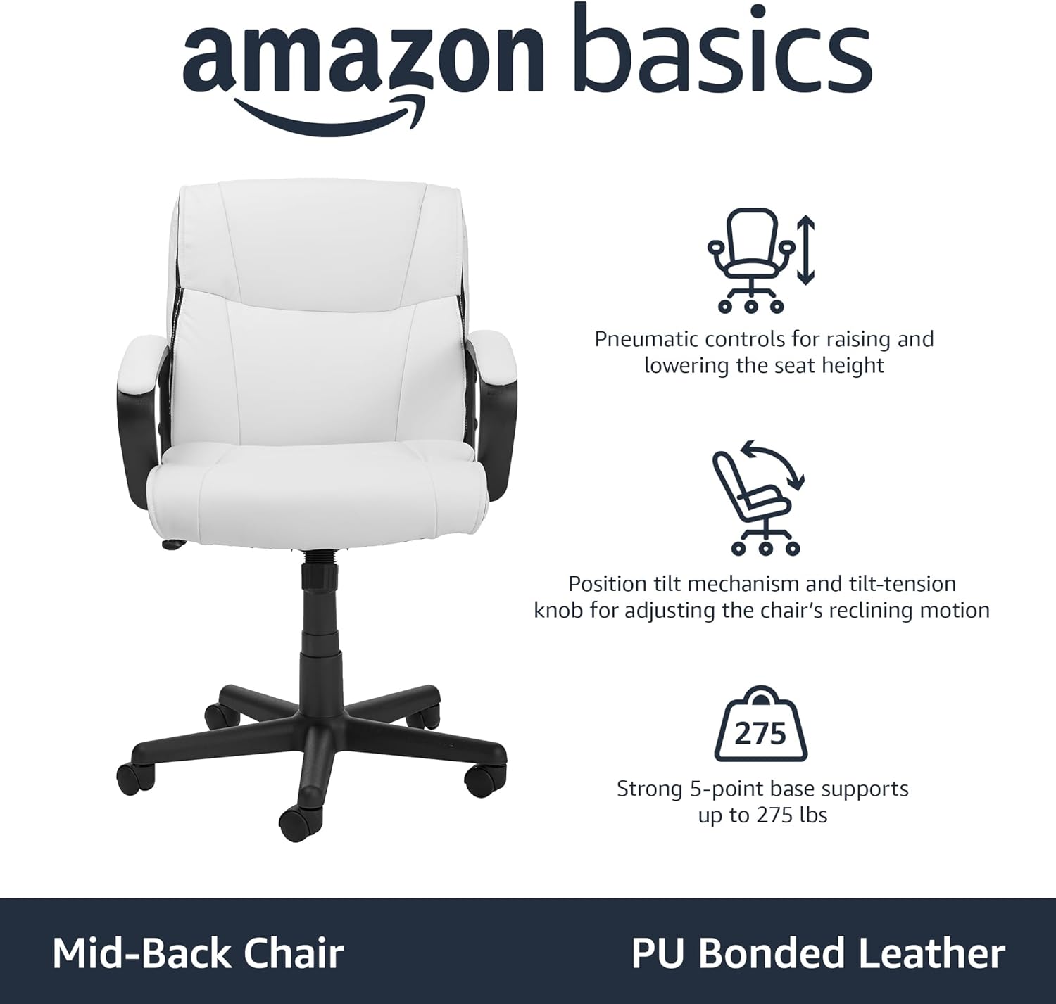 Amazon Basics Office Task Chair with Adjustable Height, 360° Swivel, Padded Armrests, Mid-Back, 275 Pound Capacity, BIFMA Certified, 24.2D x 24W x 38.6H, White Faux Leather