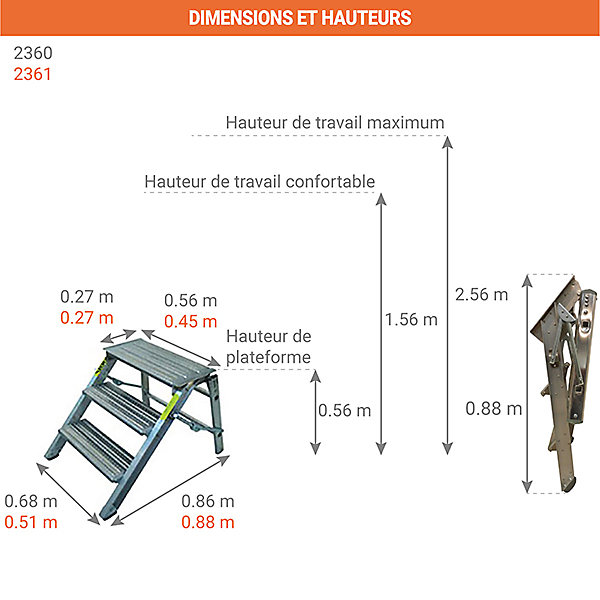 Marchepied pliant 3 marches - Hauteur max. de travail 2.56m - Lxl : 0.68x0.86m - 2360