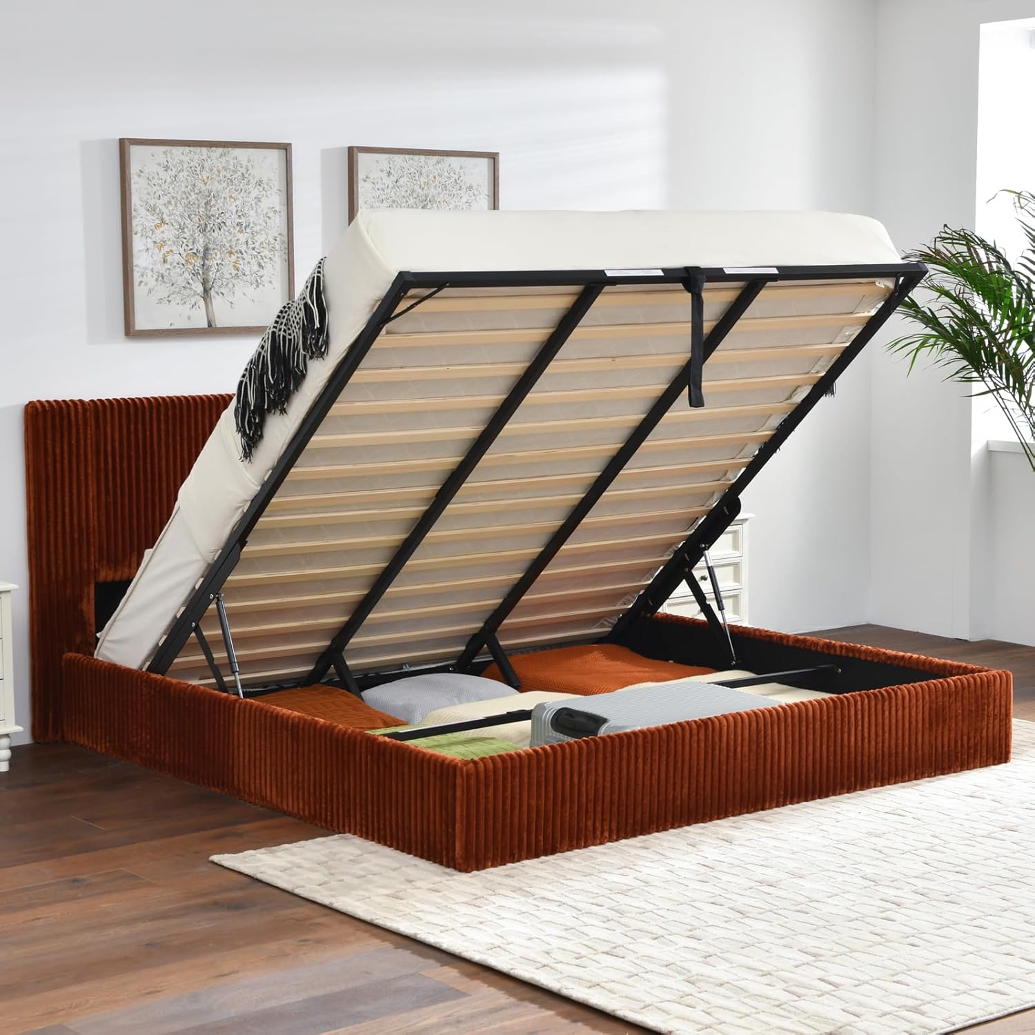 YUHUASHI King Size Storage Bed Frame, Vertical Striped headboard with Delicate Velvet Fabric, Hydraulic Lift for Storage, no Box Spring Needed, no Noise (OCHER, King (U.S. Standard))