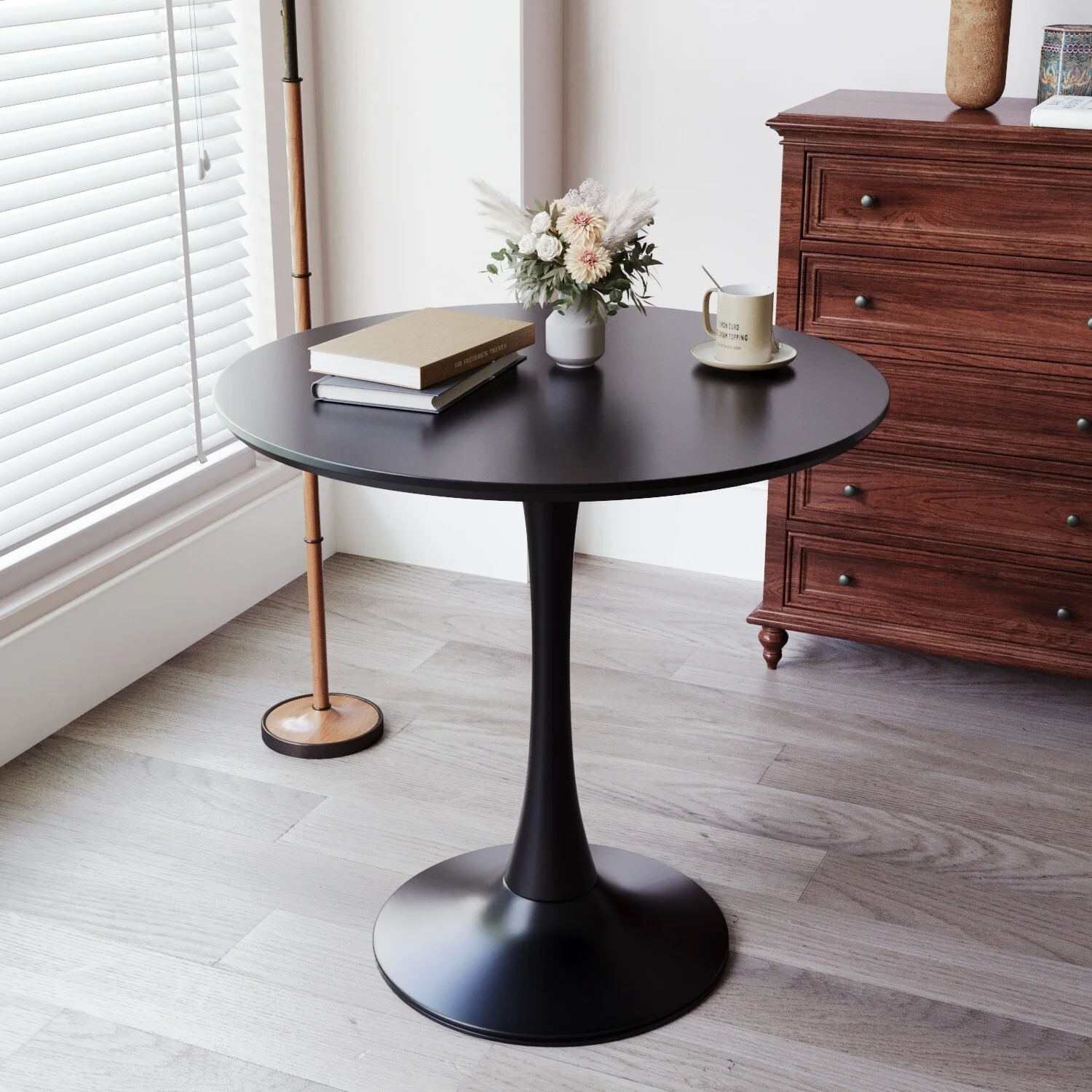 31.5 Mid-Century Tulip Dining Table‌ - Black Round MDF Top with Pedestal Base, Seats 2-4 for Kitchen/Dining/Living Room