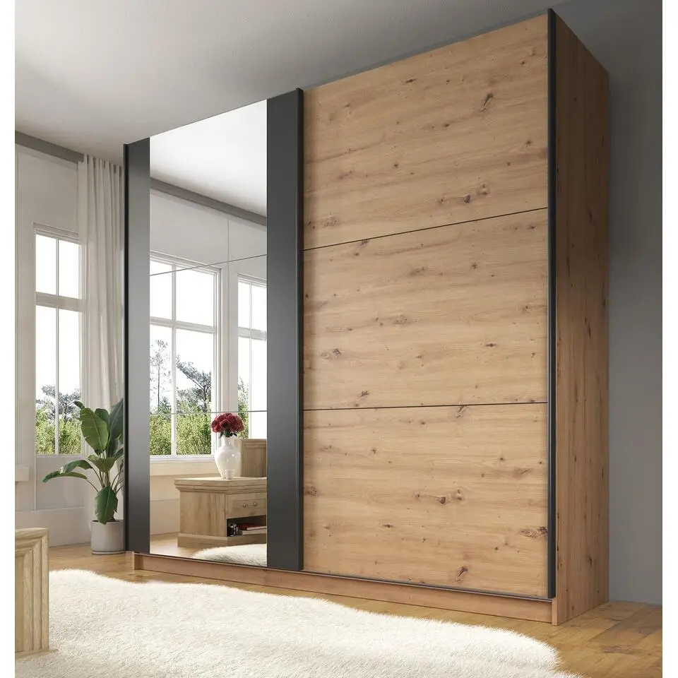 Meubella - Kledingkast Saturn - Eiken - Zwart - 217 cm - Met spiegel