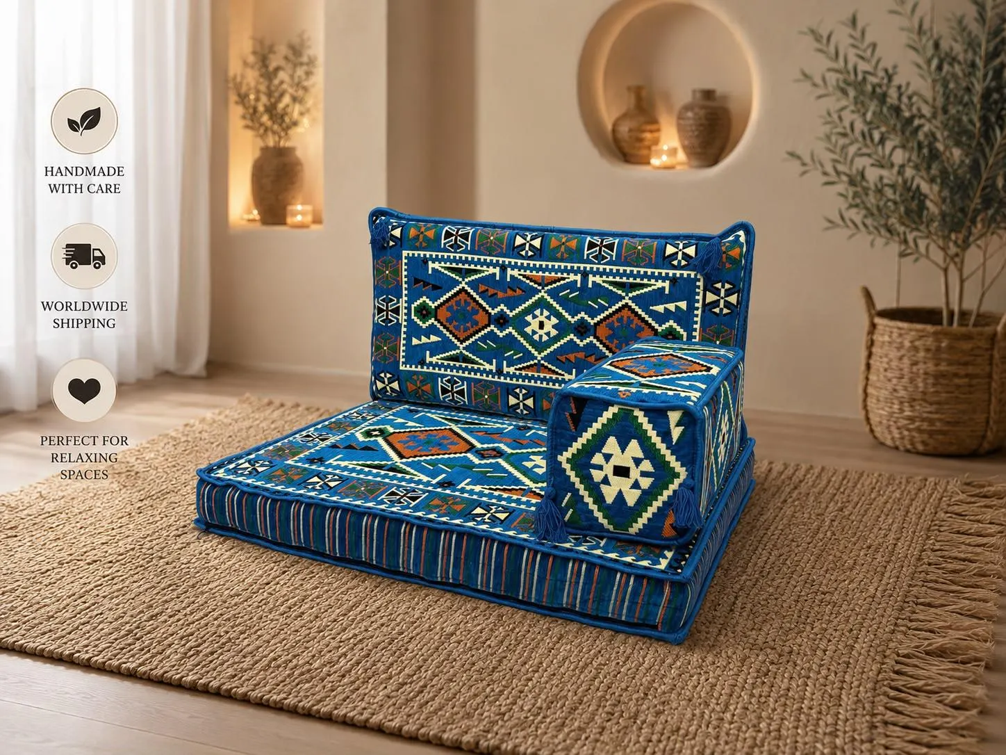Blue Arabic Single Floor Sofa Set: Minimalist Loveseat, Living Room Cushion Seating, Backrest & Armrest