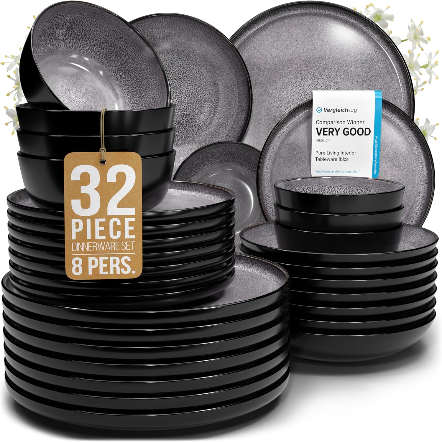 Stoneware dinnerware set 8 persons 32 pcs - Dishwasher, microwave and scratch resistant - Bowl and plate set 8 persons modern - Dinner service Pure Living black in gray…