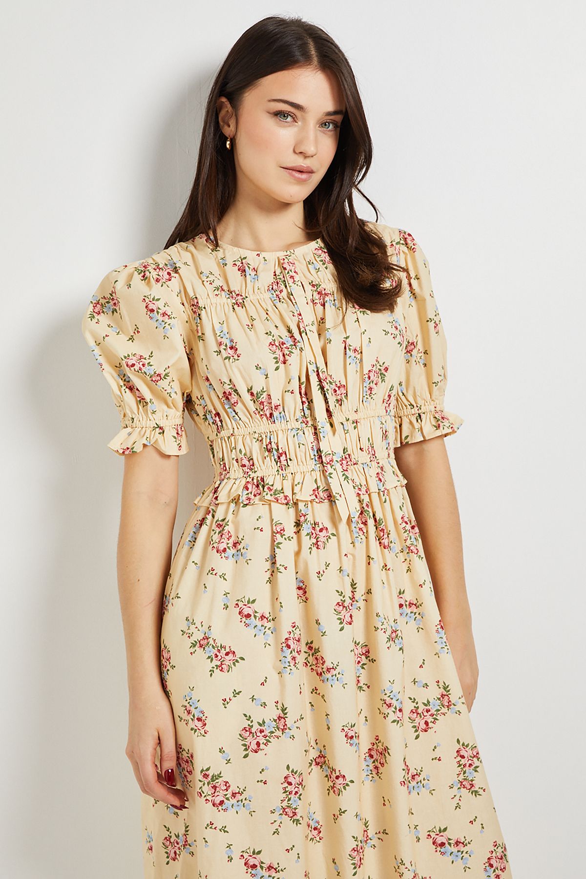 Dorothy Perkins Yellow Ditsy Floral Tie Front Frill Sleeve Printed Poplin Midi Dress