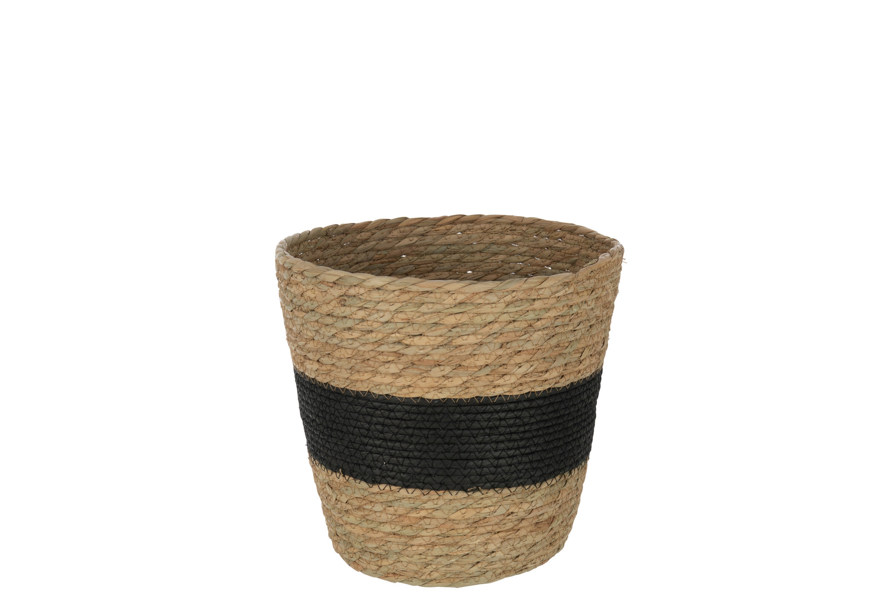 J-Line mand Rond Met Streep   Handvat - riet - naturel/zwart