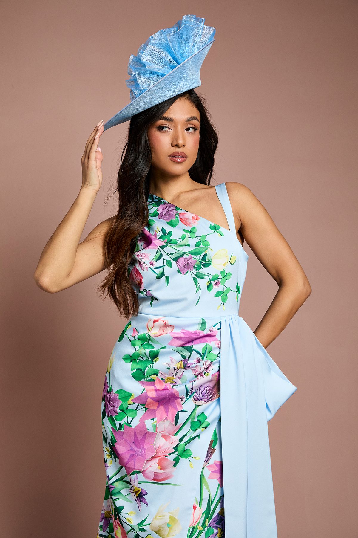 Coast Petite Lisa Tan Placement Print Satin Floral Bow Detail Midi Dress