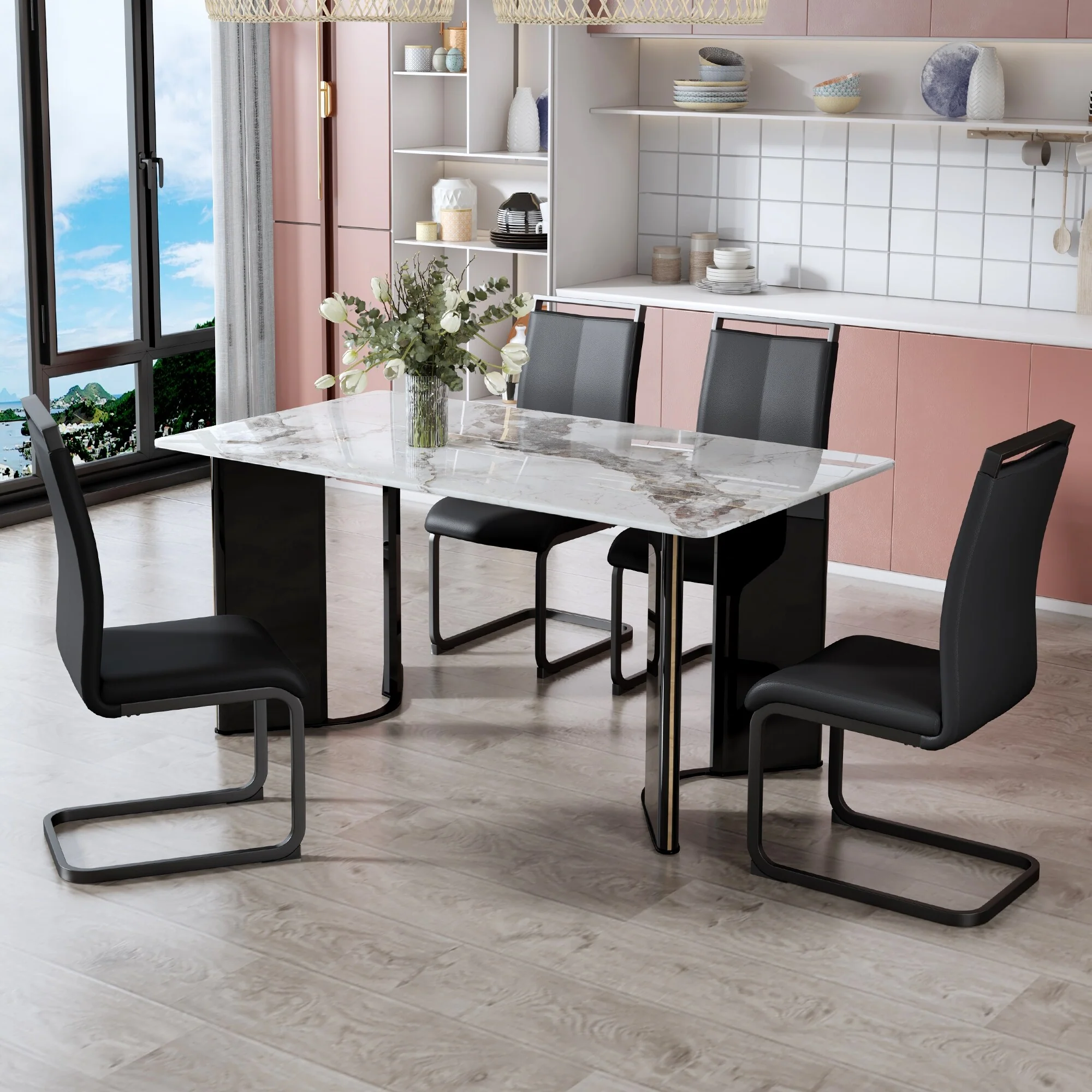 Modern 5 Piece Dining Table Set for 4, Faux Marble Kitchen Table Set with 1 Rectangle Table and 4 Dining Chairs for Small Place