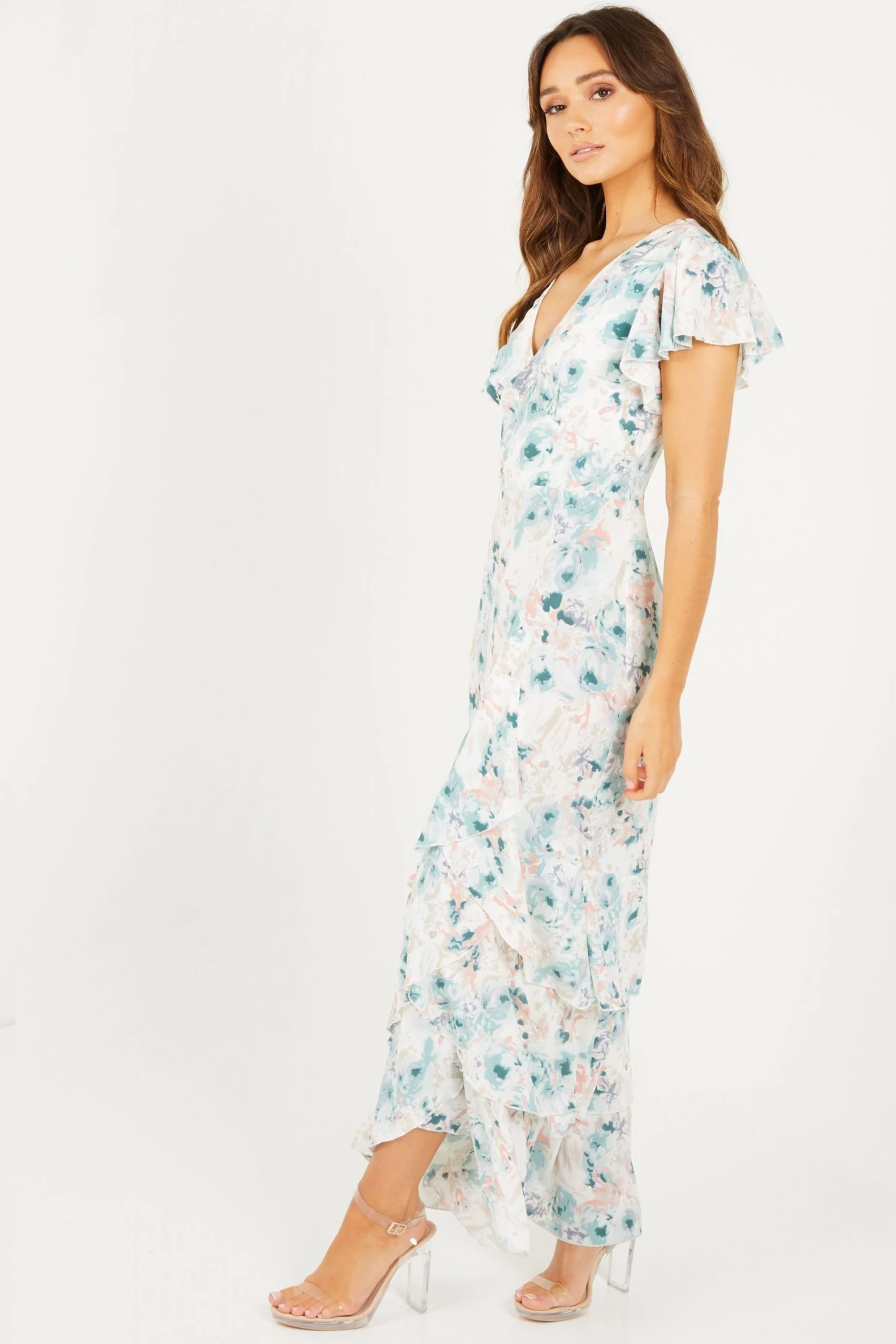 Quiz Cream Smudge Print Maxi Dress