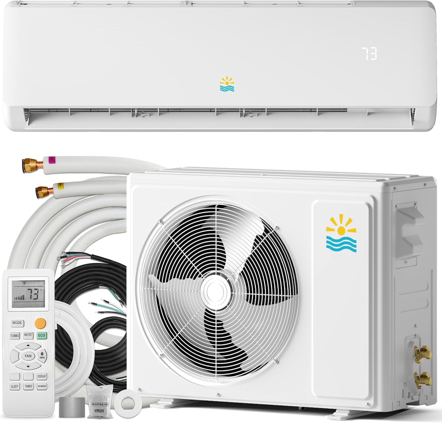 Mini Split AC/Heating System - 18000 BTU Mini Split AC Unit Inverter Heating and Cooling, 19 SEER2 230V Energy Efficient Ductless Air Conditioner Up to 1250sq.ft, 24H Timer, Installation Kit