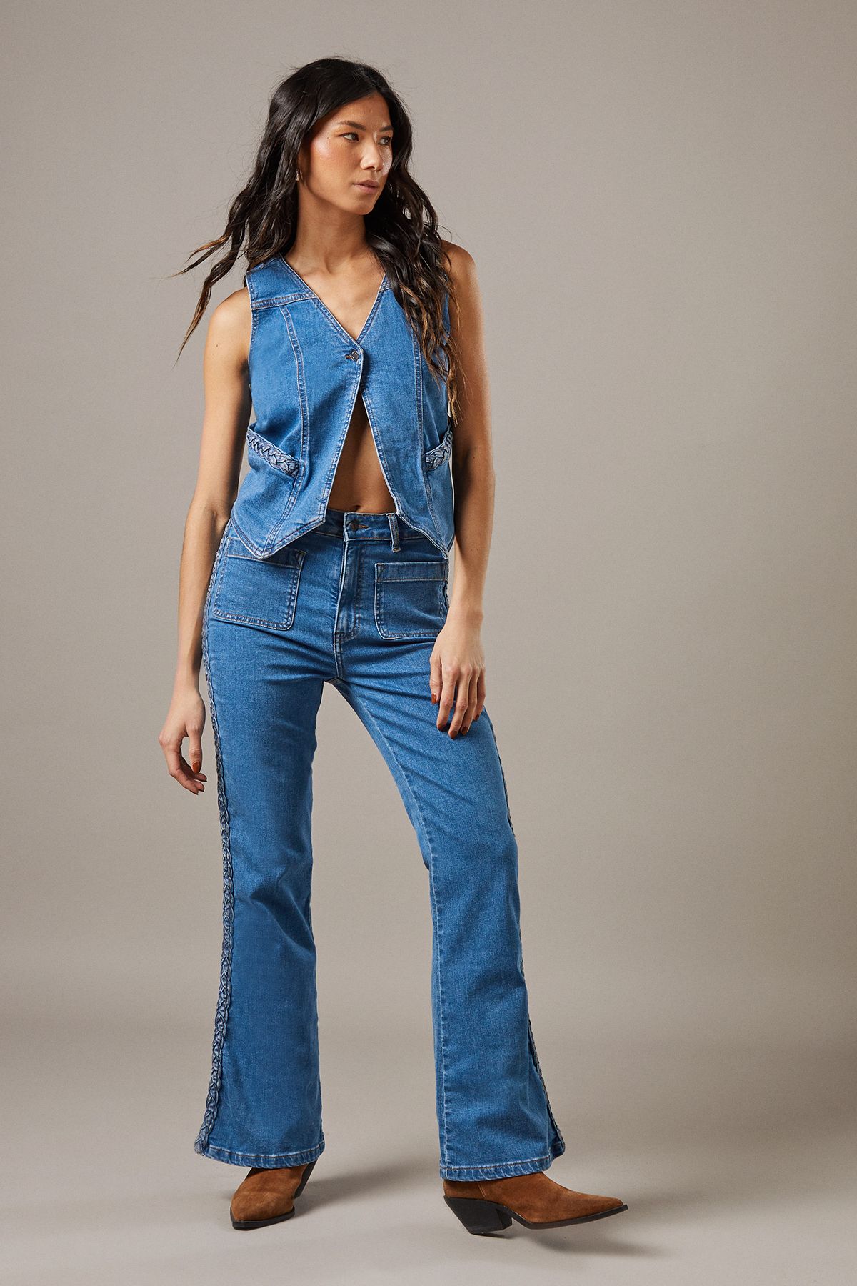 Warehouse High Waist Denim Bootcut With Patch Pockets