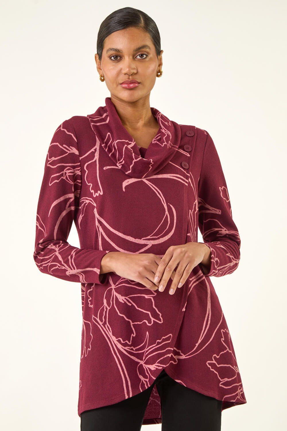 Roman Printed Cowl Neck Stretch Top
