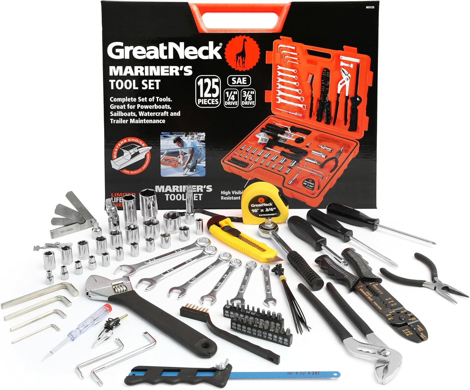 Great Neck MS125 125 Piece Marine Tool Set, Gifts for Men, Dad Gifts, High Visibility, Water-Resistant Boat Tool Box Case, Anti-Rust Chrome-Plated Boat Supplies And Accessories
