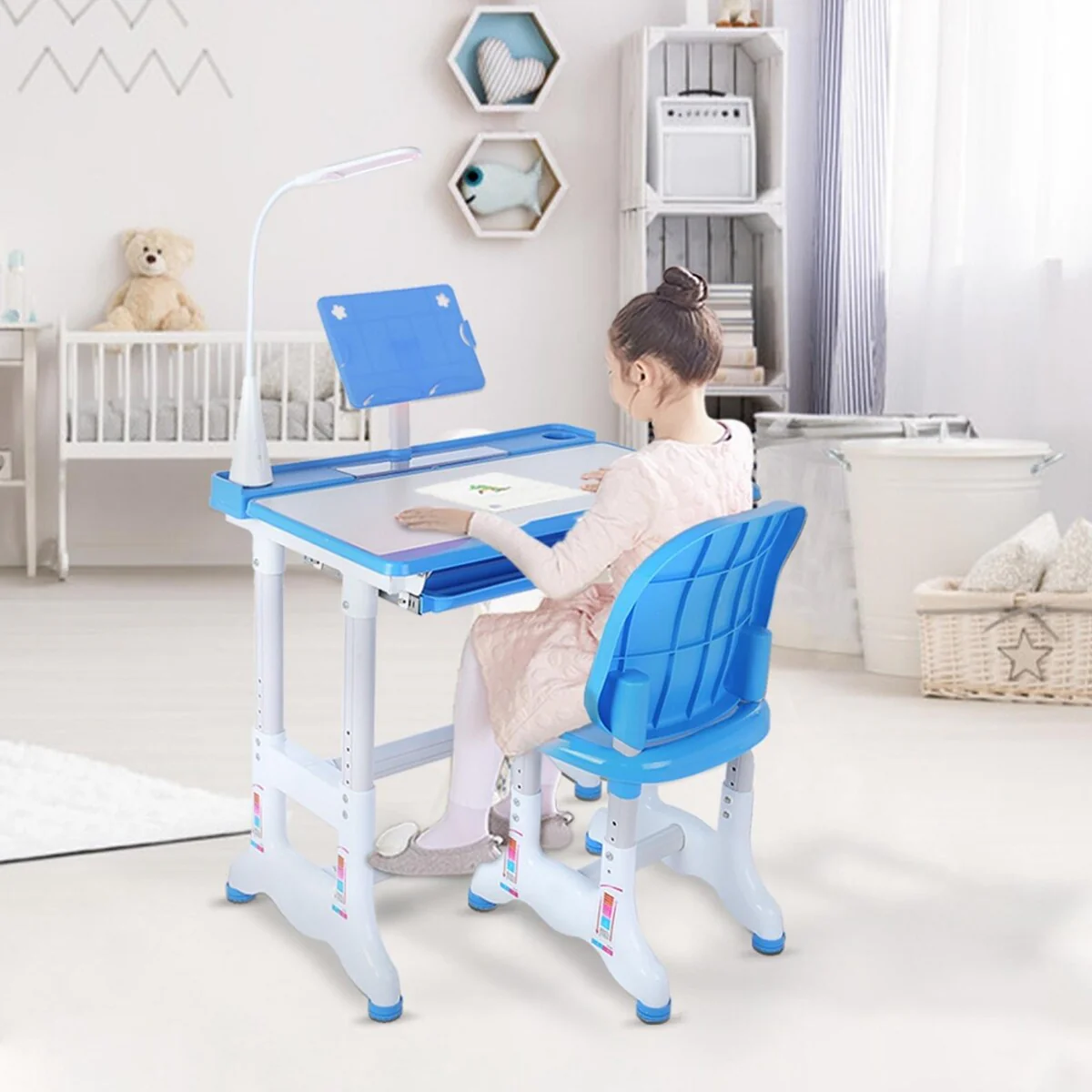 Height Adjustable Study Desk And Chair Set Pull Out Drawer With Tilted Desktop