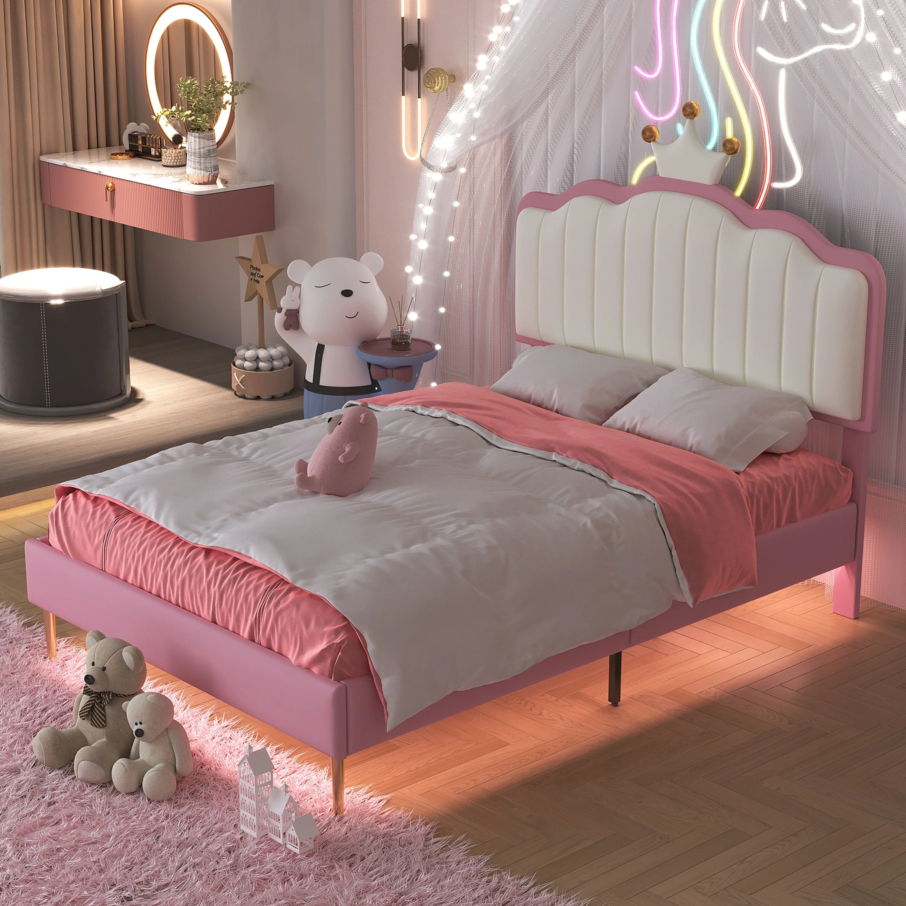 Full Size Upholstered Princess Platform Bed with Crown-Shaped Headboard, Soft Night Light Strips, and Gold Metal Legs