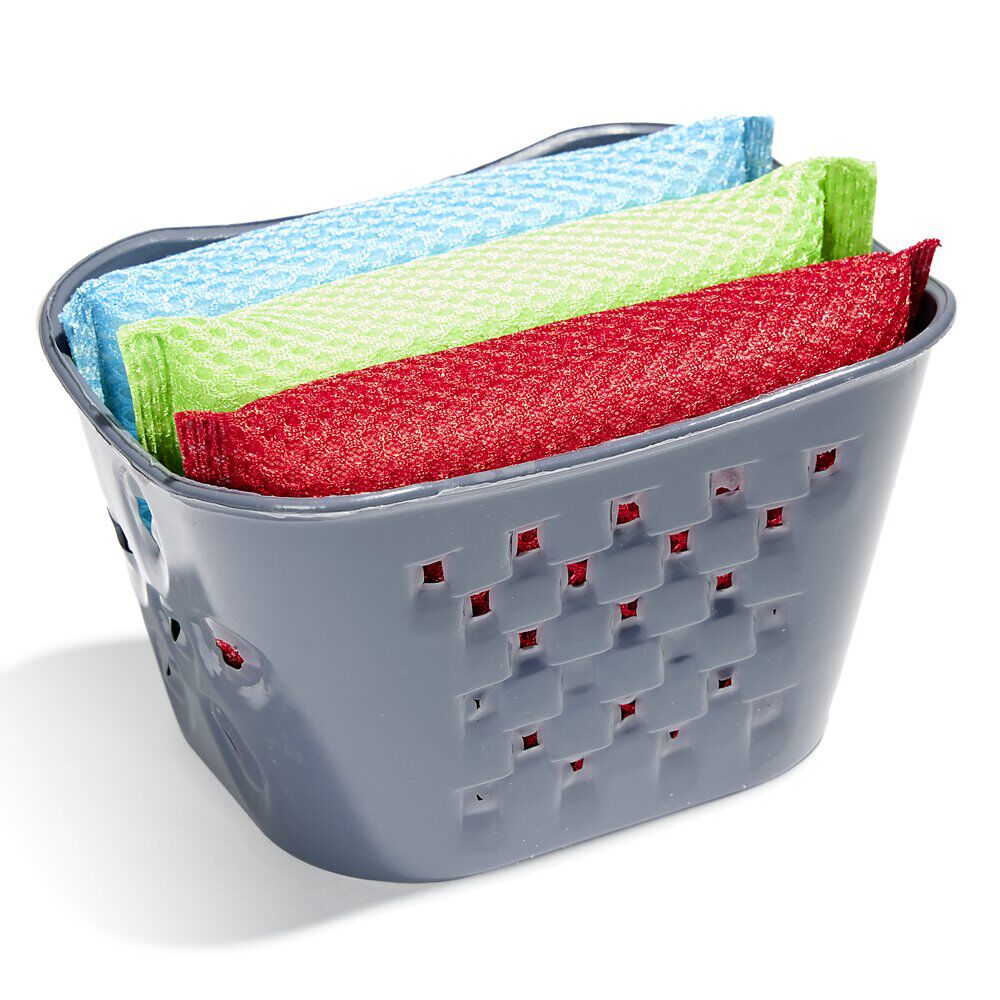 Set éponge vaisselle x3 avec panier de rangement plastique gris