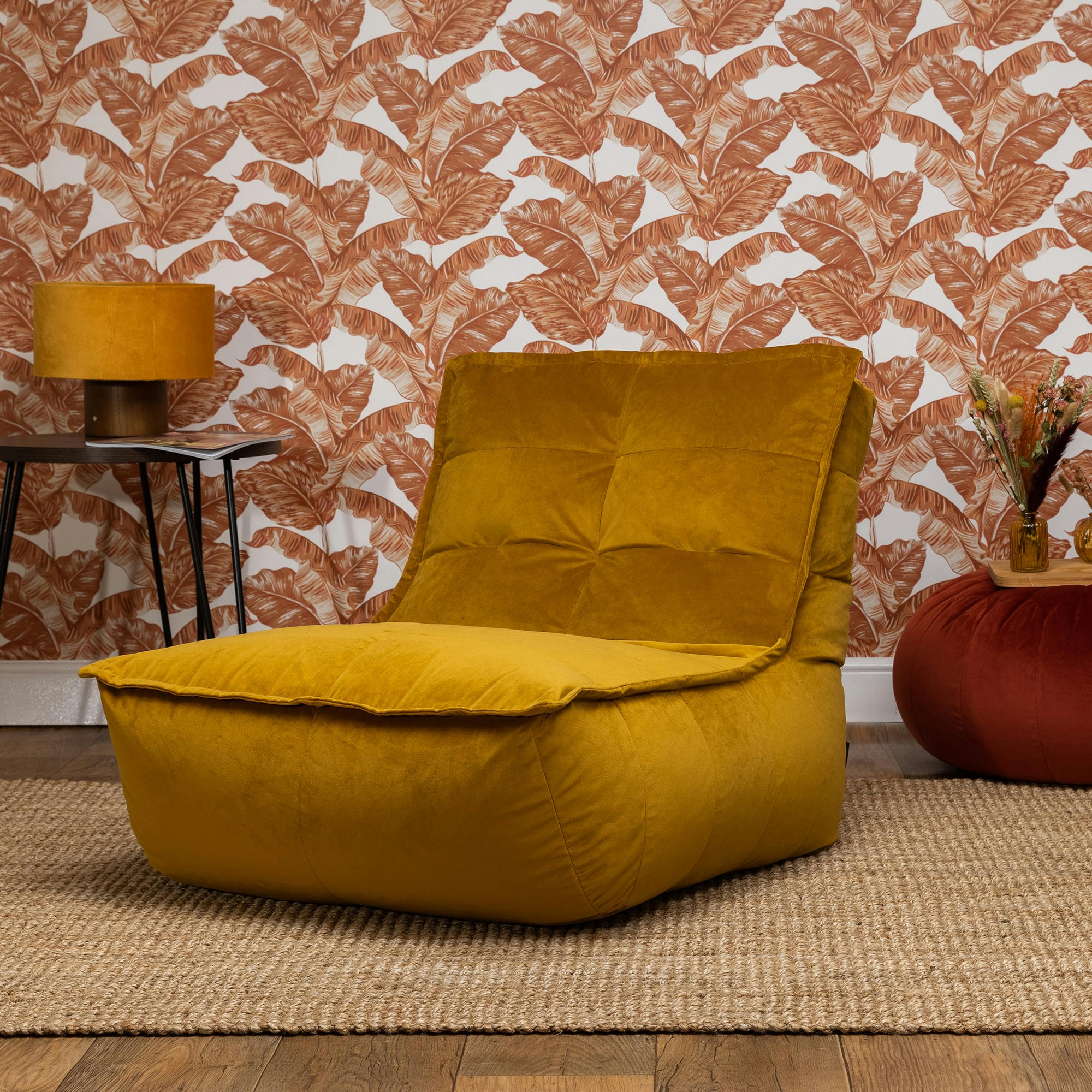 DOLCE - Pouf modulable sofa velours, 2 pièces, jaune ocre