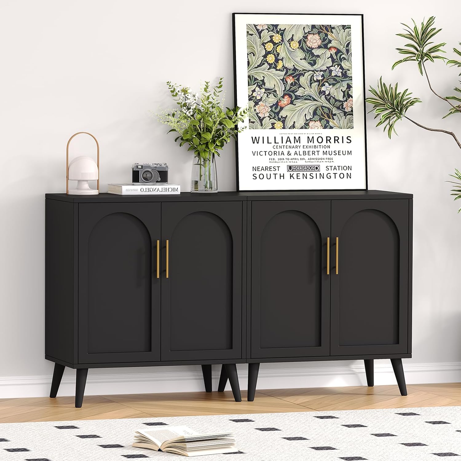 Rovaurx Set of 2 Storage Cabinet with 4 Doors, Modern Accent Bathroom Floor Cabinet, Buffet Cabinet Sideboard with Adjustable Shelves for Living Room, Entryway, Dining Room and Kitchen, Black