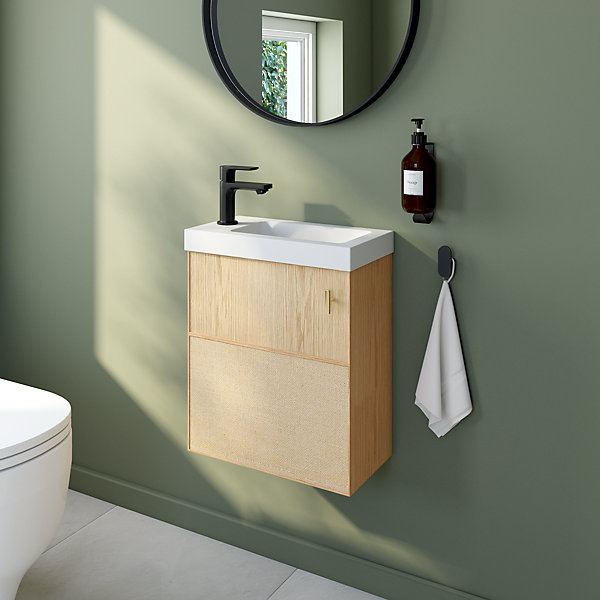 Ensemble meuble lave-mains Java effet chêne clair et jute l.44 cm   plan vasque lave-mains blanc en céramique Nira