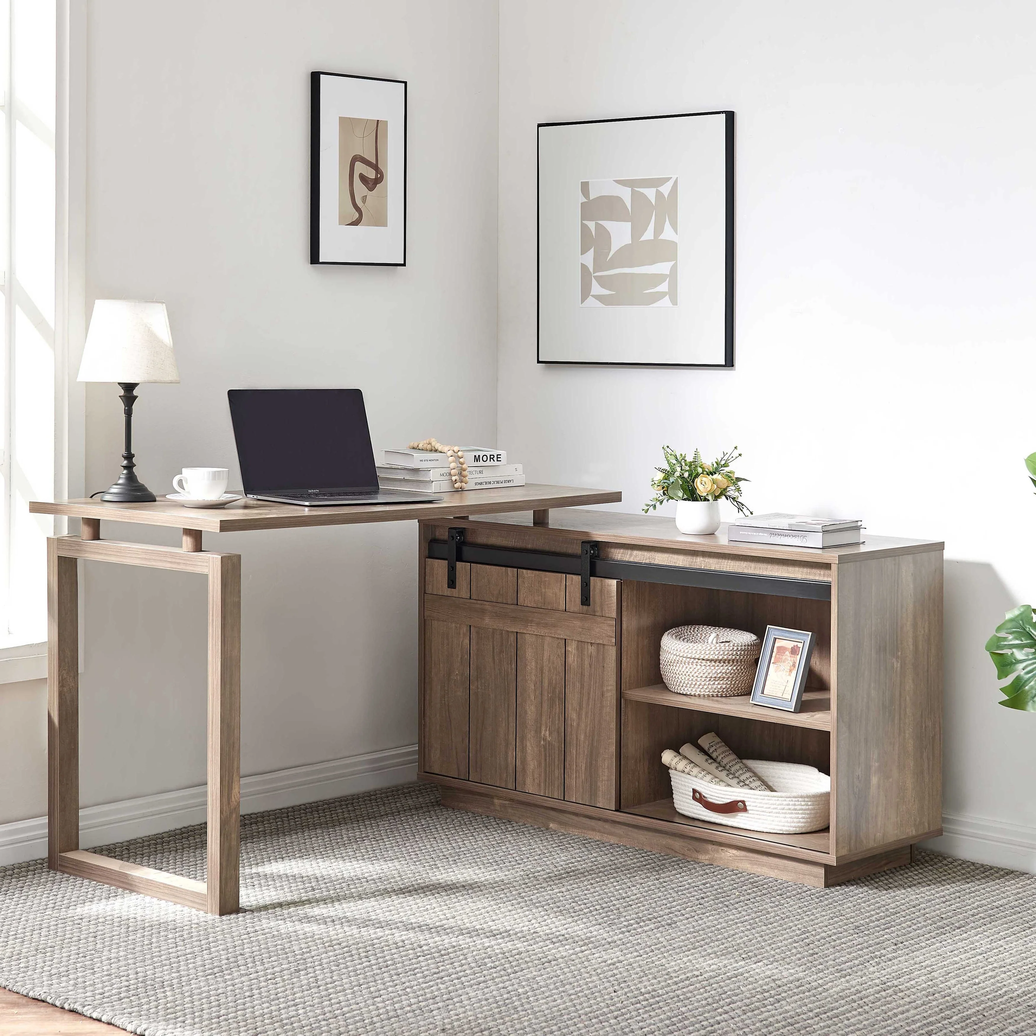 L Shaped Home Office Desk with Storage Credenza and Sliding Barn Door