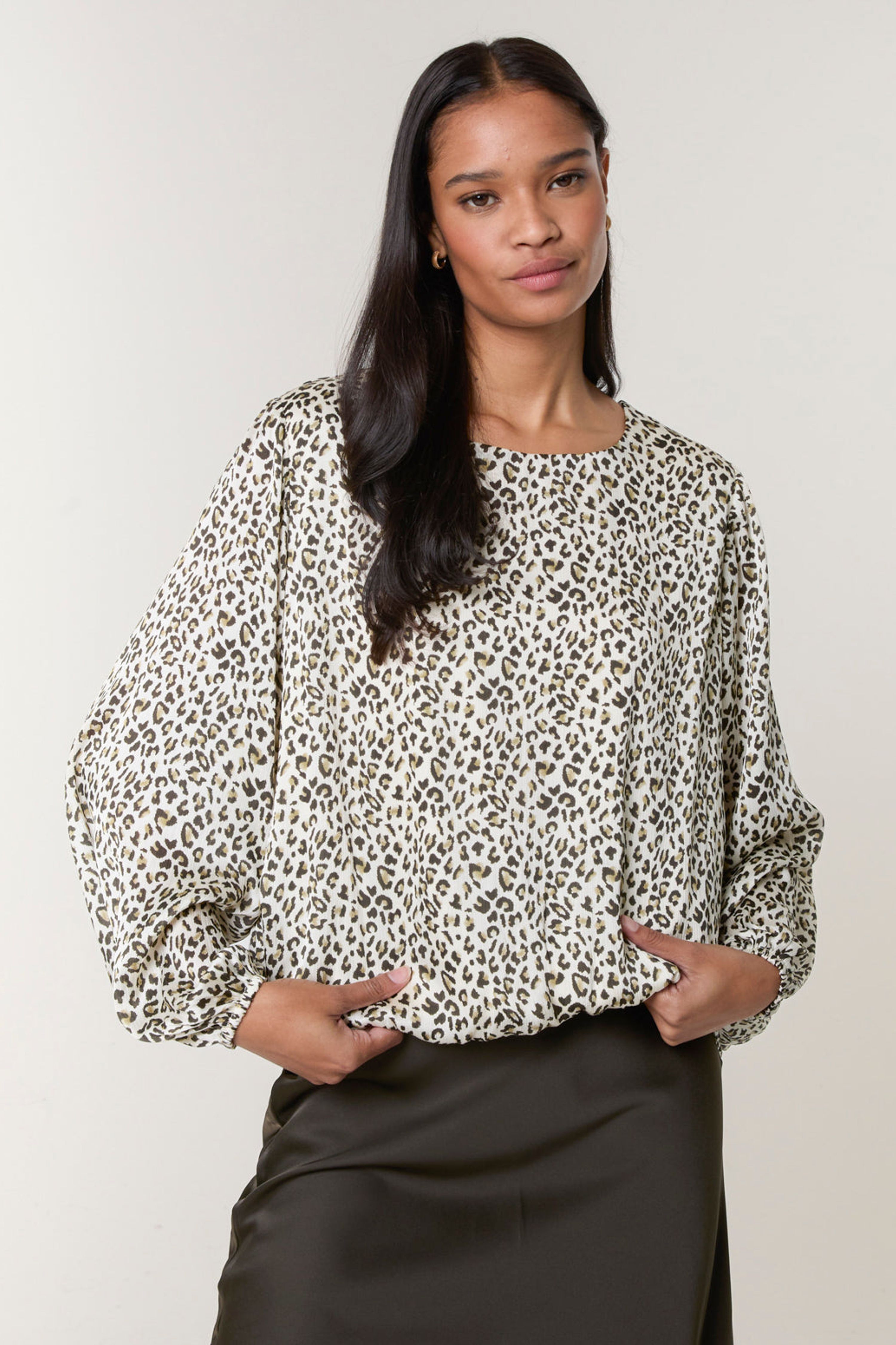 Blue Vanilla Khaki Leopard Print Elasticated Hem Blouse