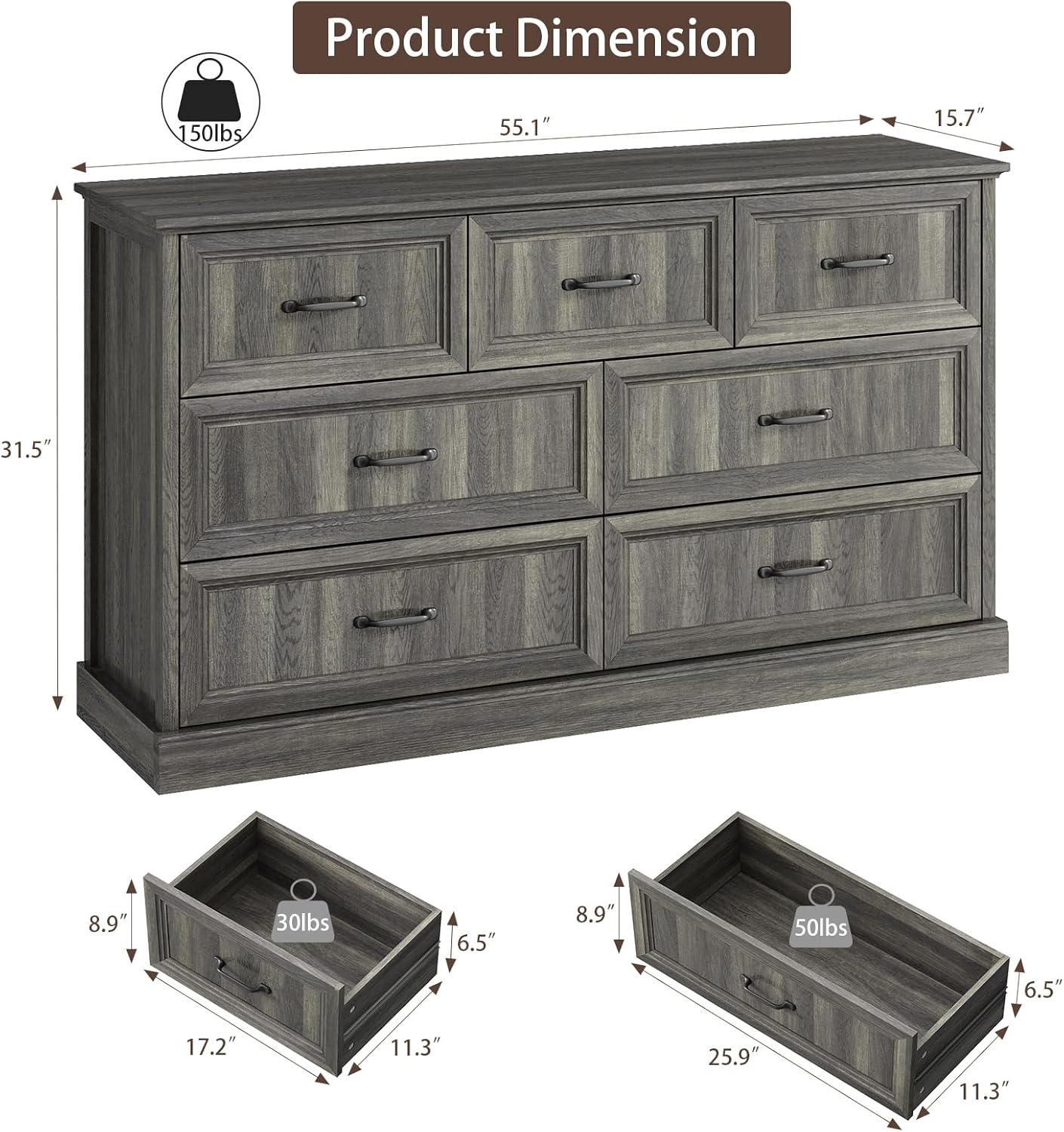 CARPETNAL Farmhouse 7 Drawer Dresser for Bedroom, 55 Inch Wide Modern Grey Dresser TV Stand with Large Drawers & Bar Handles, Rustic Wood Chest of Drawers for Bedroom, Living Room, Hallway, Entryway.