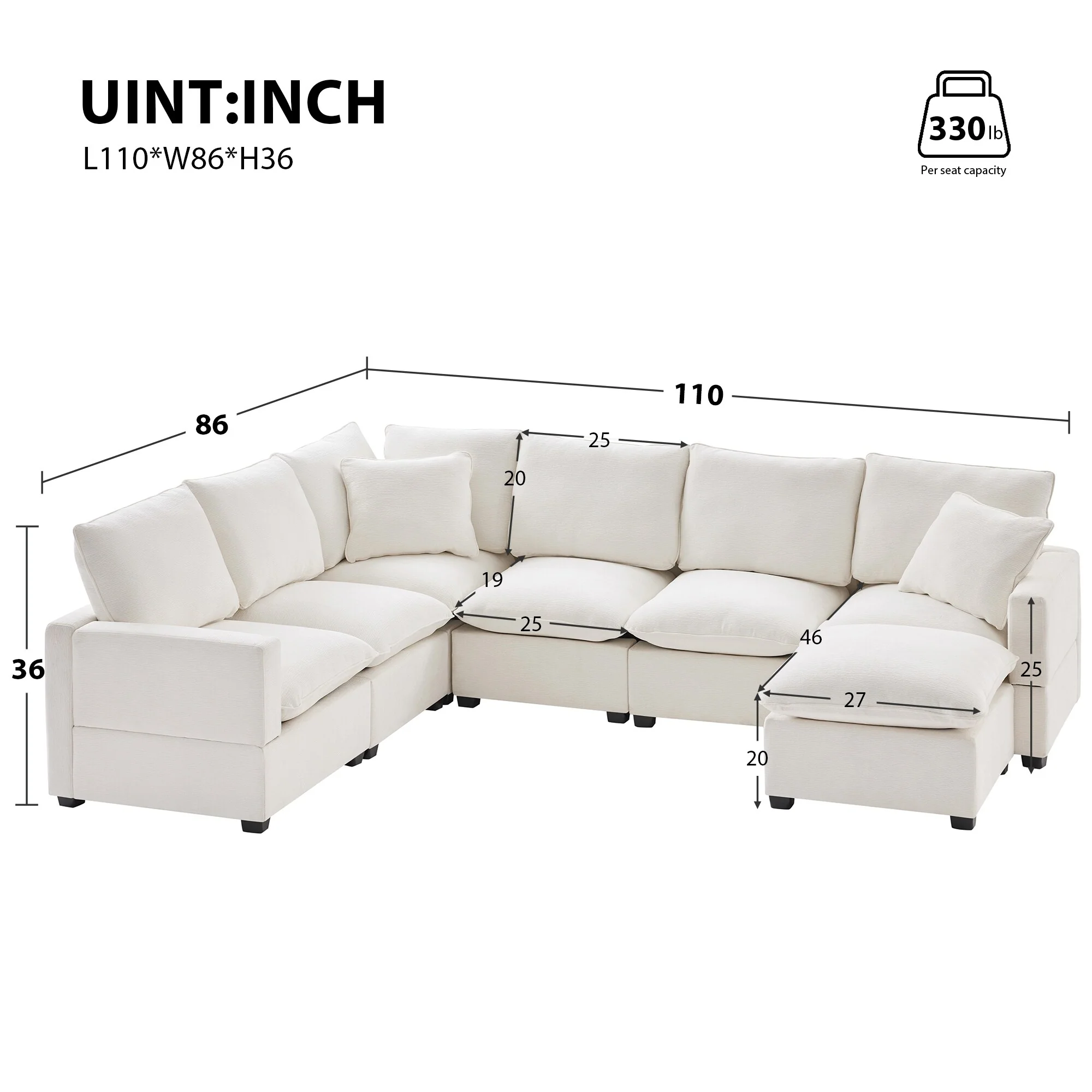 White 110 Modular Chenille 7-Seat Corner Sectional Sofa Set with 2 Pillows and Ottoman for Living Room or Apartment