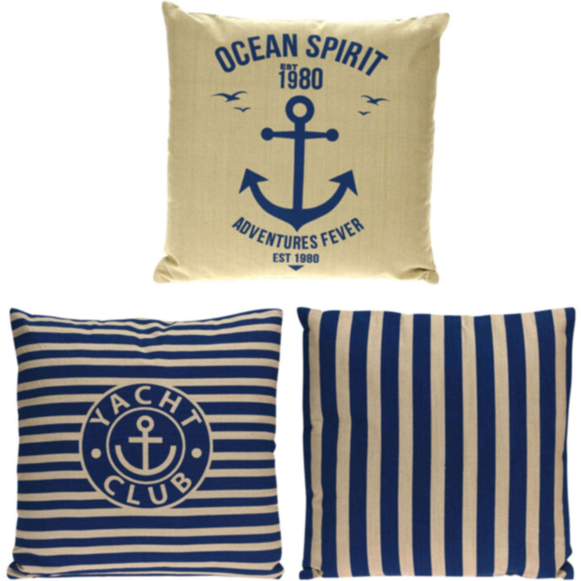 - Set de 3 coussins en coton bleu et beige - 45x45cm