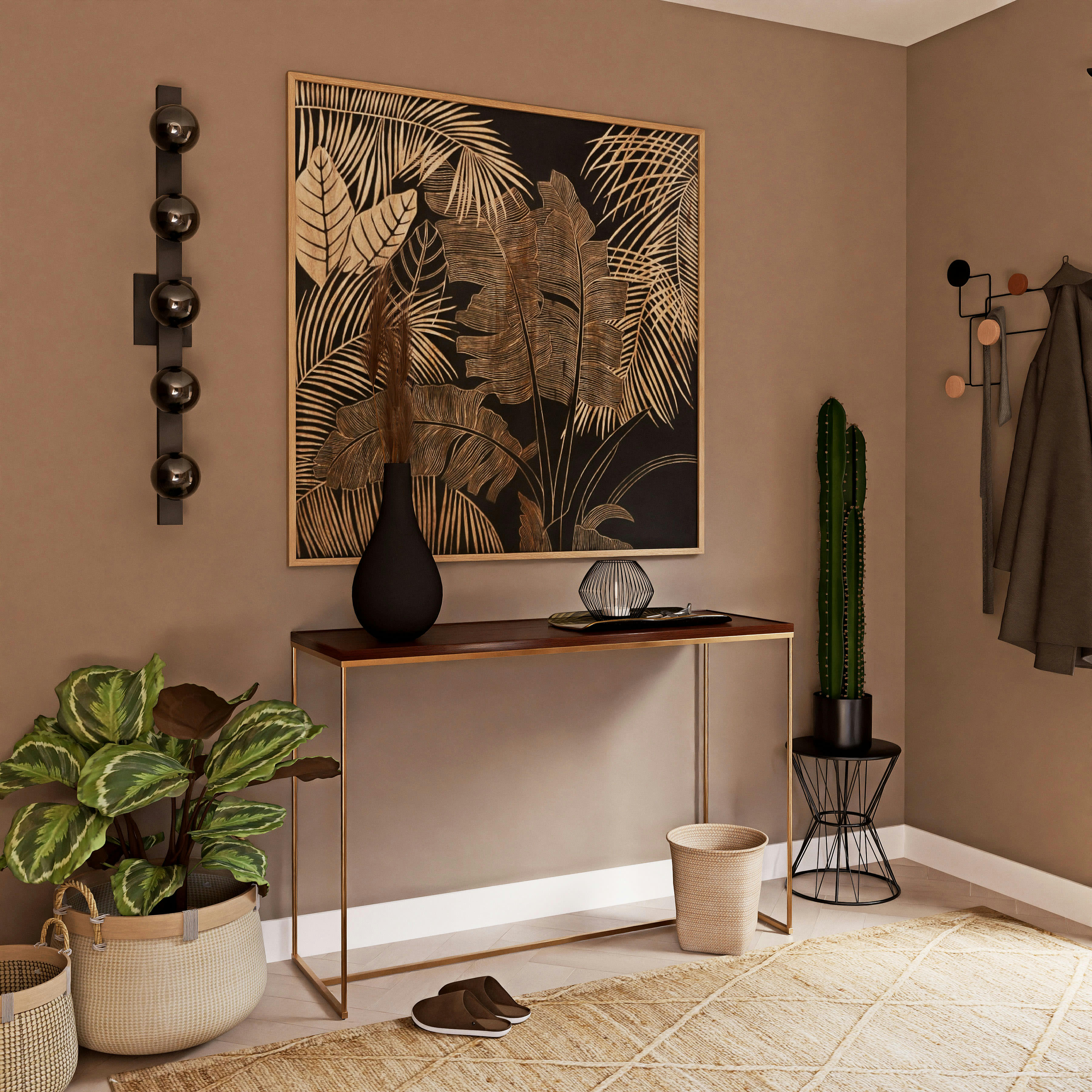 - Applique en métal noir mat et 5 globes en verre fumé