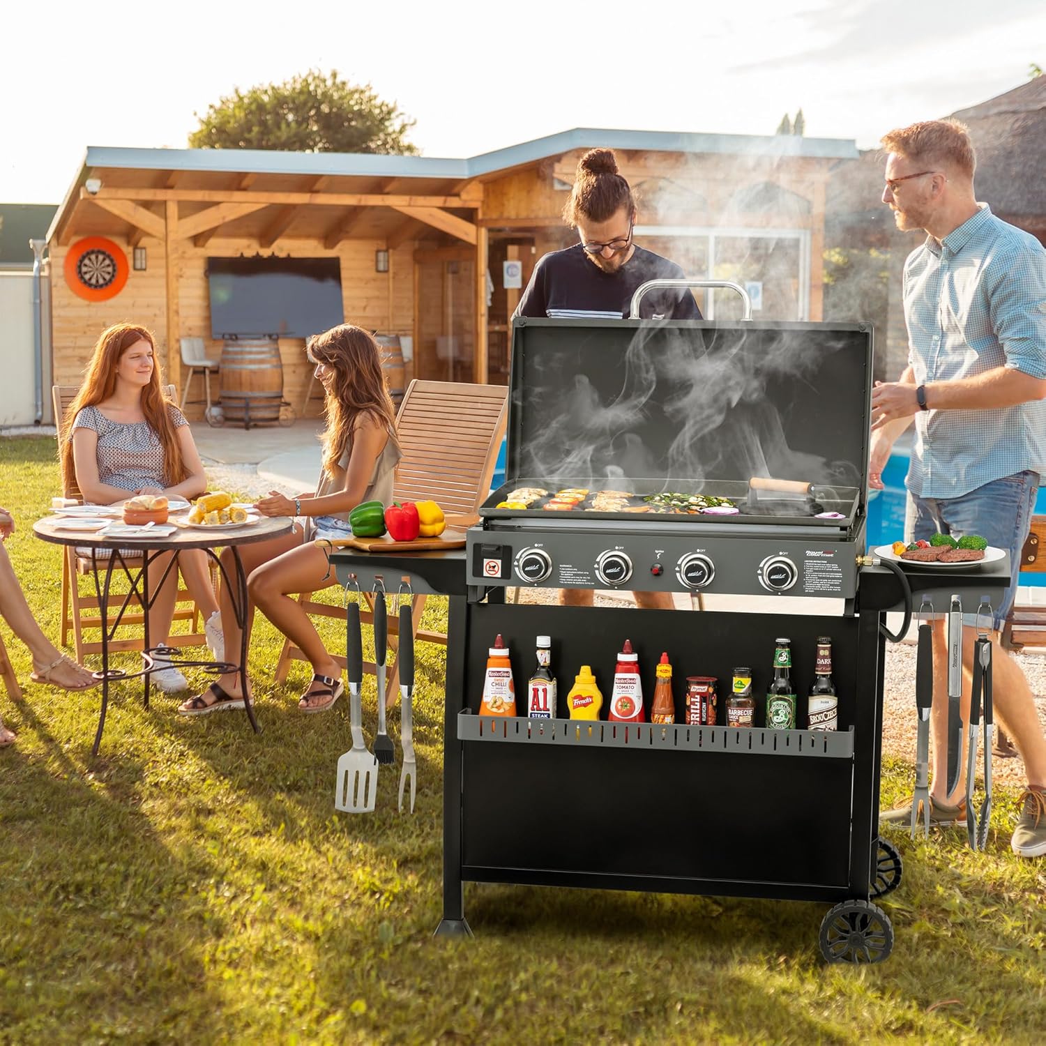Royal Gourmet PD4001 4 Burner Propane Gas Griddle with Removable Standing Cart  Convertible to Tabletop Design  Flat Top Grill with Hood for Camping  Tailgating  Backyard  Black