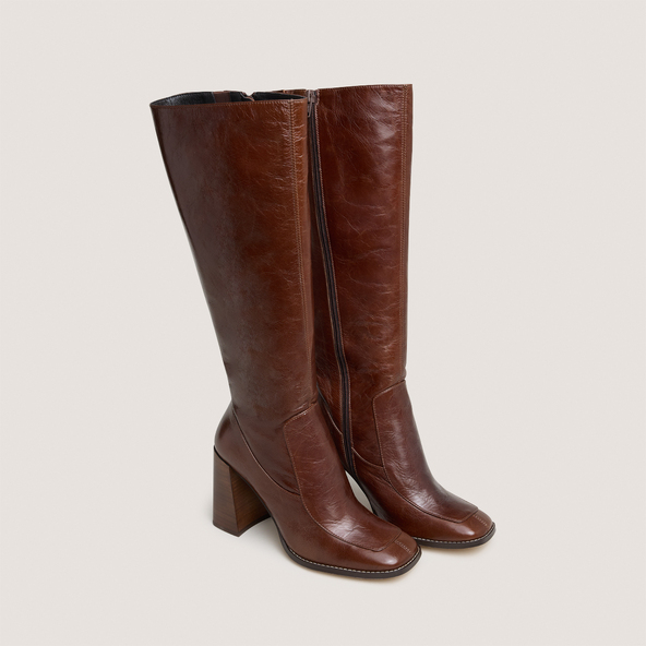 Bottes hautes à bouts carrésen cuir vieilli marron taille mollet m | VAUBANE