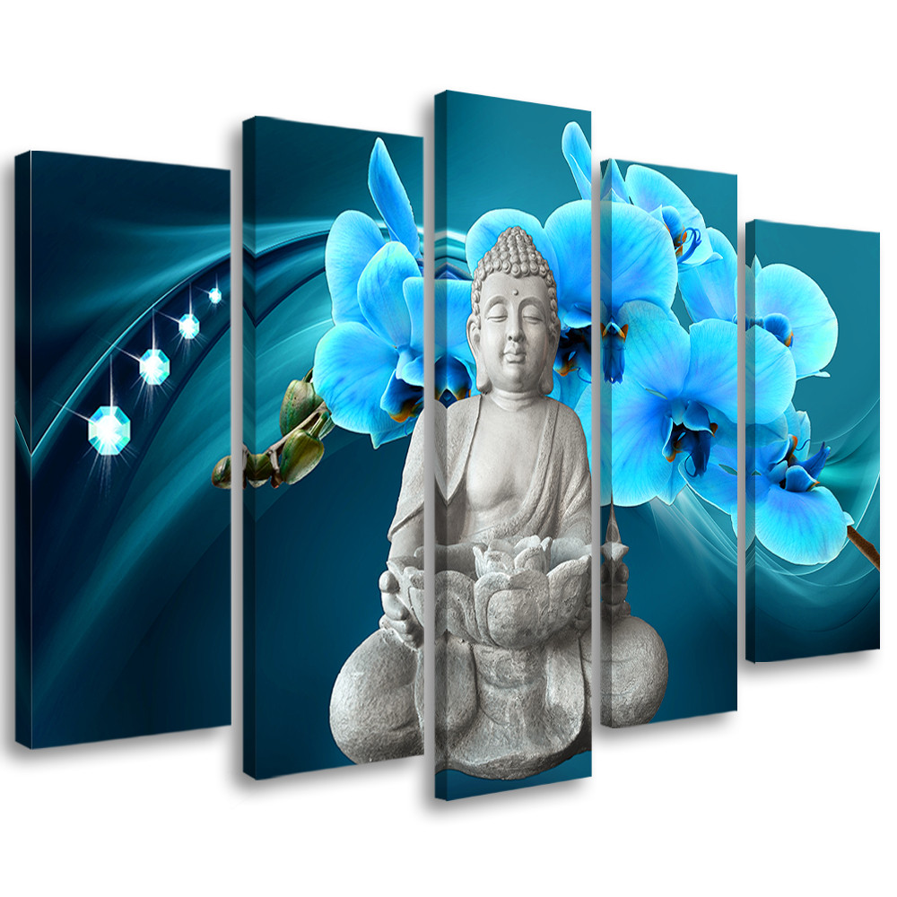 Feeby Obraz 5cz na płótnie Buddha Orchidea Turkusowy