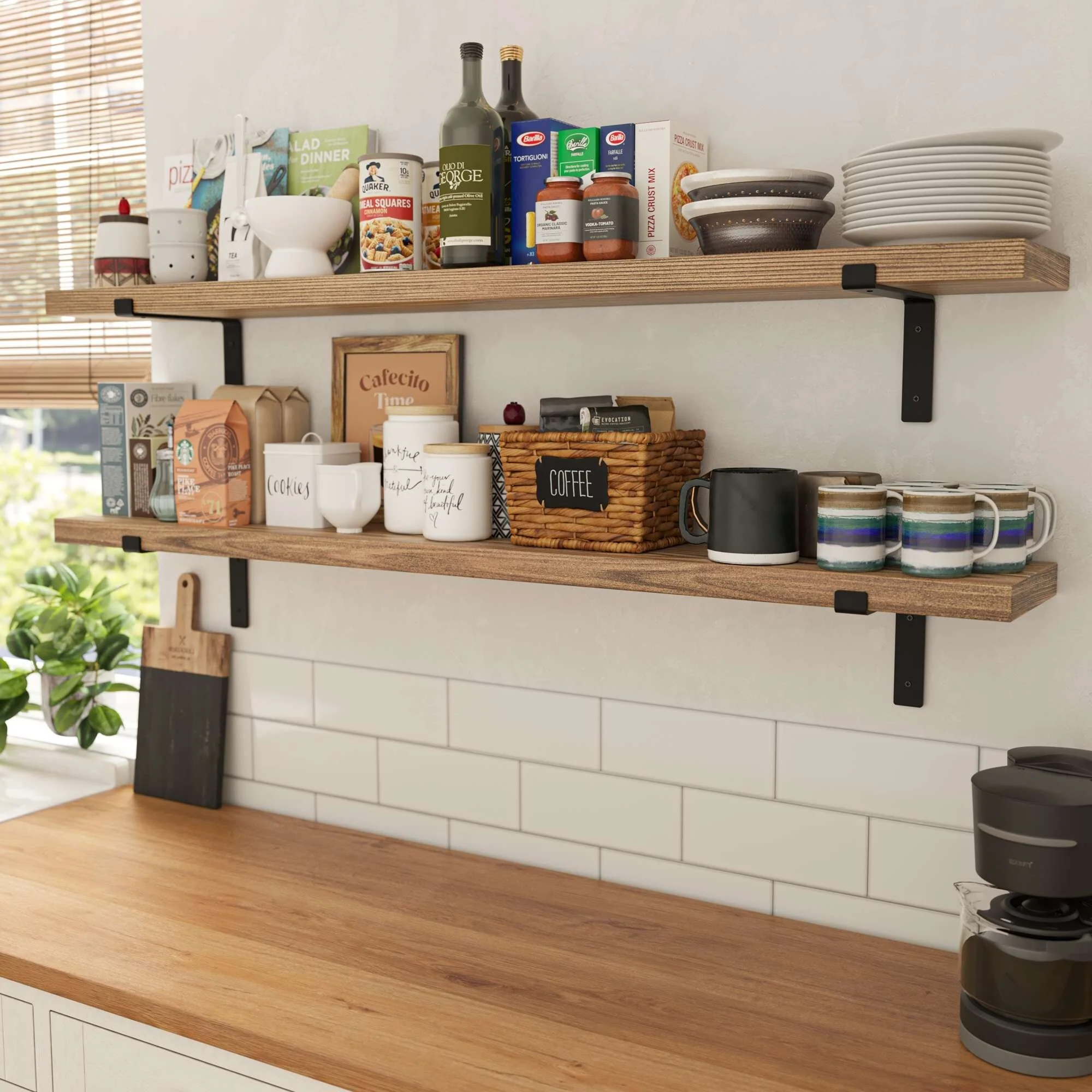 Wallniture Menton 60 x 9.25 Rustic Shelves for Wall Decor, Floating Book Shelves, Wall Mounted, Living Room Decor, Burnt, 2 Pc