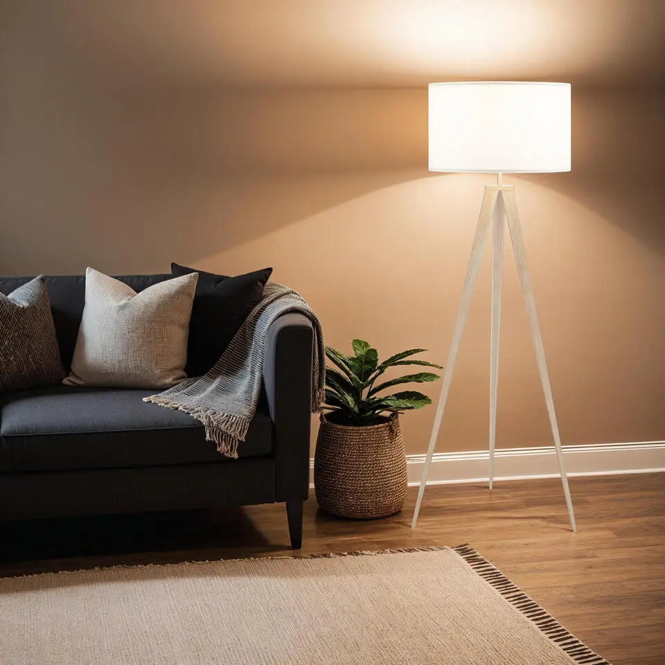 tectake Staande lamp Lunaris, textielkap, driepootsframe, Eiken